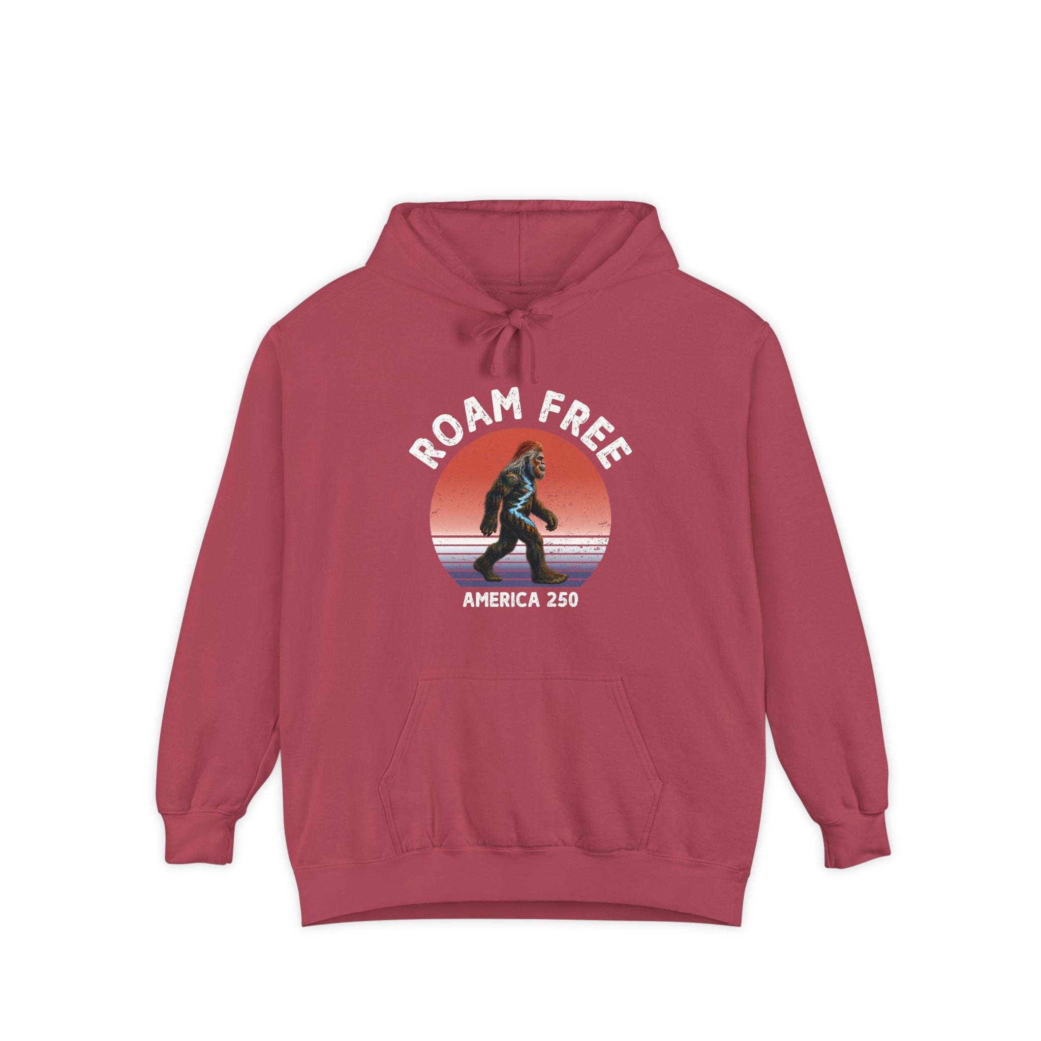 Bigfoot Roam Free America 250 Crimson Comfort Colors® Hoodie  – Patriotic Bigfoot Hiking Shirt, Outdoor Adventure Hoodie, USA 250th Anniversary Gift