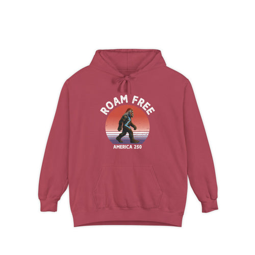 Bigfoot Roam Free America 250 Crimson Comfort Colors® Hoodie  – Patriotic Bigfoot Hiking Shirt, Outdoor Adventure Hoodie, USA 250th Anniversary Gift