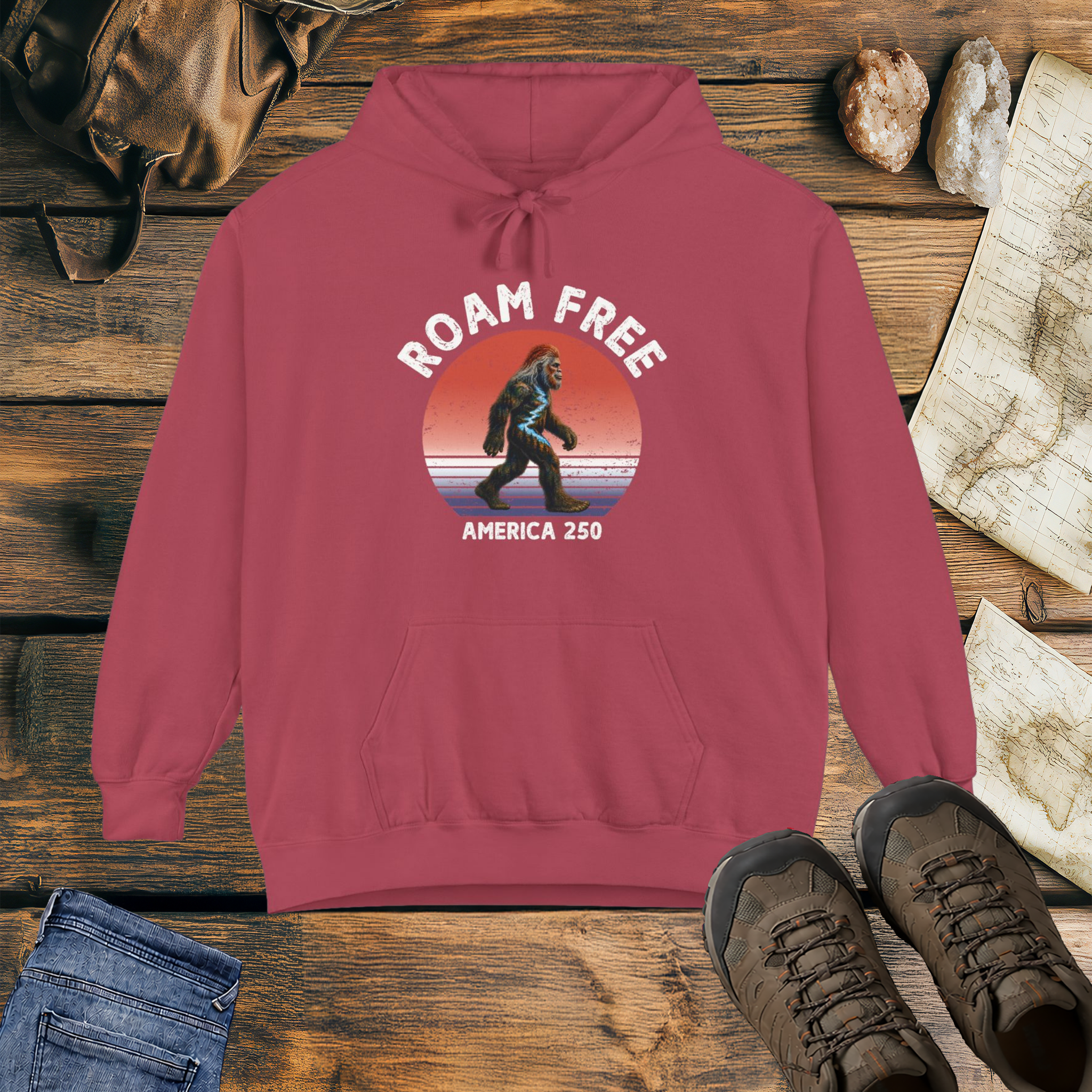 Bigfoot Roam Free America 250 Crimson Comfort Colors® Hoodie  – Patriotic Bigfoot Hiking Shirt, Outdoor Adventure Hoodie, USA 250th Anniversary Gift