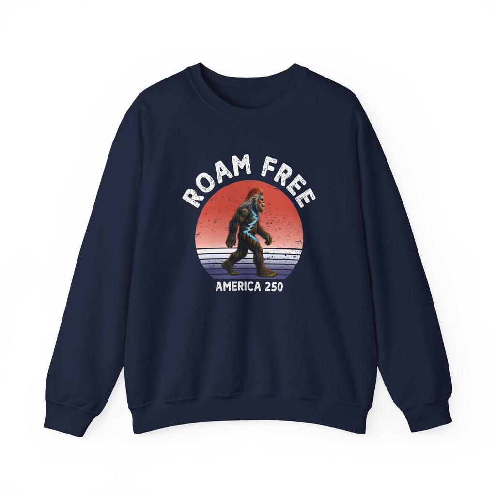 Bigfoot Roam Free America 250 Navy Heavy Blend™ Crewneck Sweatshirt  – Patriotic Bigfoot Hiking Shirt, Outdoor Adventure Sweatshirt, USA 250th Anniversary Gift