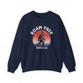 Bigfoot Roam Free America 250 Navy Heavy Blend™ Crewneck Sweatshirt  – Patriotic Bigfoot Hiking Shirt, Outdoor Adventure Sweatshirt, USA 250th Anniversary Gift