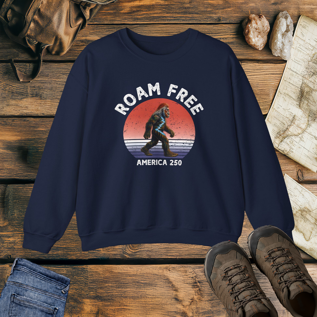 Bigfoot Roam Free America 250 Navy Heavy Blend™ Crewneck Sweatshirt  – Patriotic Bigfoot Hiking Shirt, Outdoor Adventure Sweatshirt, USA 250th Anniversary Gift
