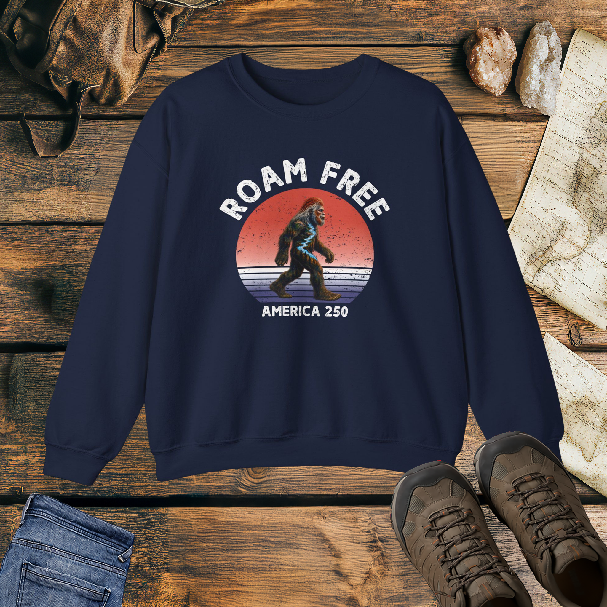 Bigfoot Roam Free America 250 Navy Heavy Blend™ Crewneck Sweatshirt  – Patriotic Bigfoot Hiking Shirt, Outdoor Adventure Sweatshirt, USA 250th Anniversary Gift