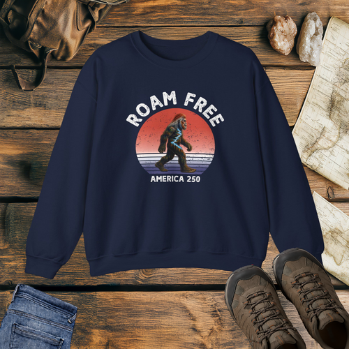 Bigfoot Roam Free America 250 Navy Heavy Blend™ Crewneck Sweatshirt  – Patriotic Bigfoot Hiking Shirt, Outdoor Adventure Sweatshirt, USA 250th Anniversary Gift