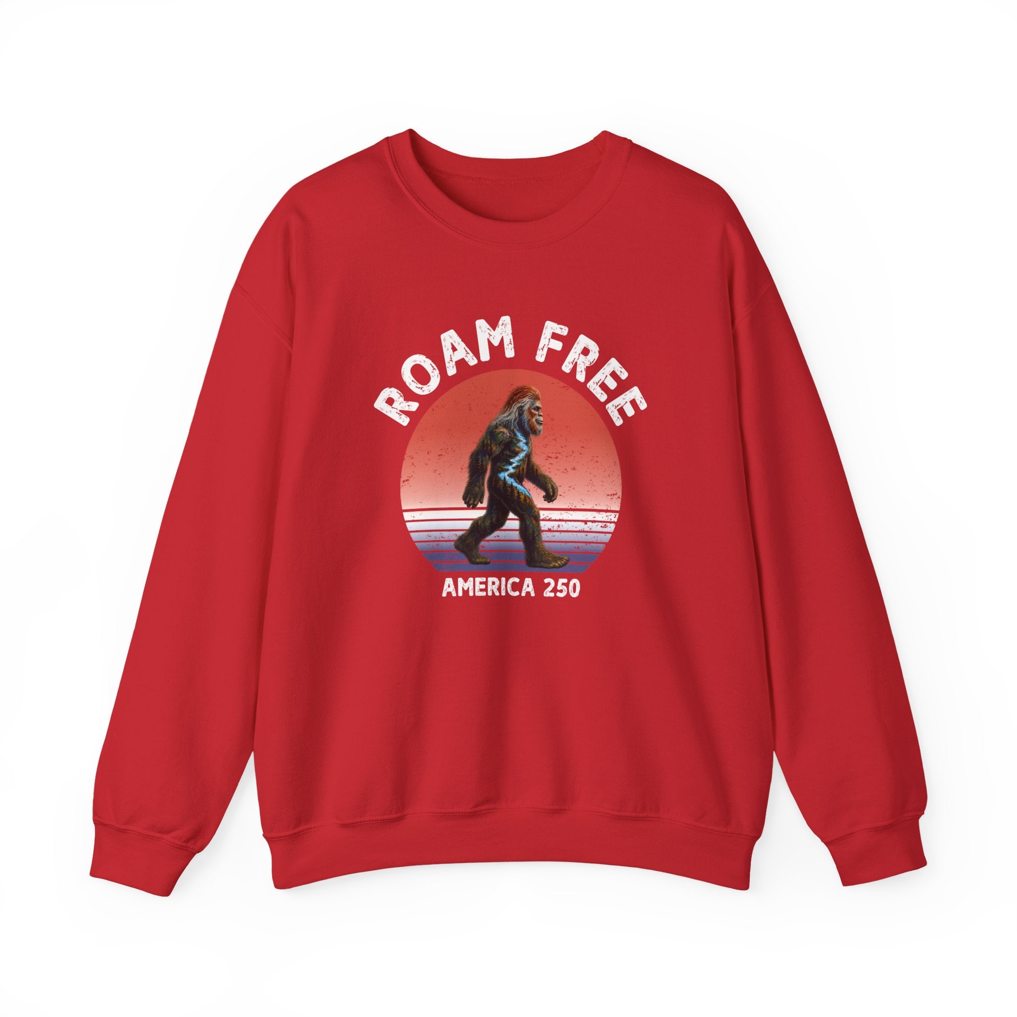 Bigfoot Roam Free America 250 Red Heavy Blend™ Crewneck Sweatshirt  – Patriotic Bigfoot Hiking Shirt, Outdoor Adventure Sweatshirt, USA 250th Anniversary Gift