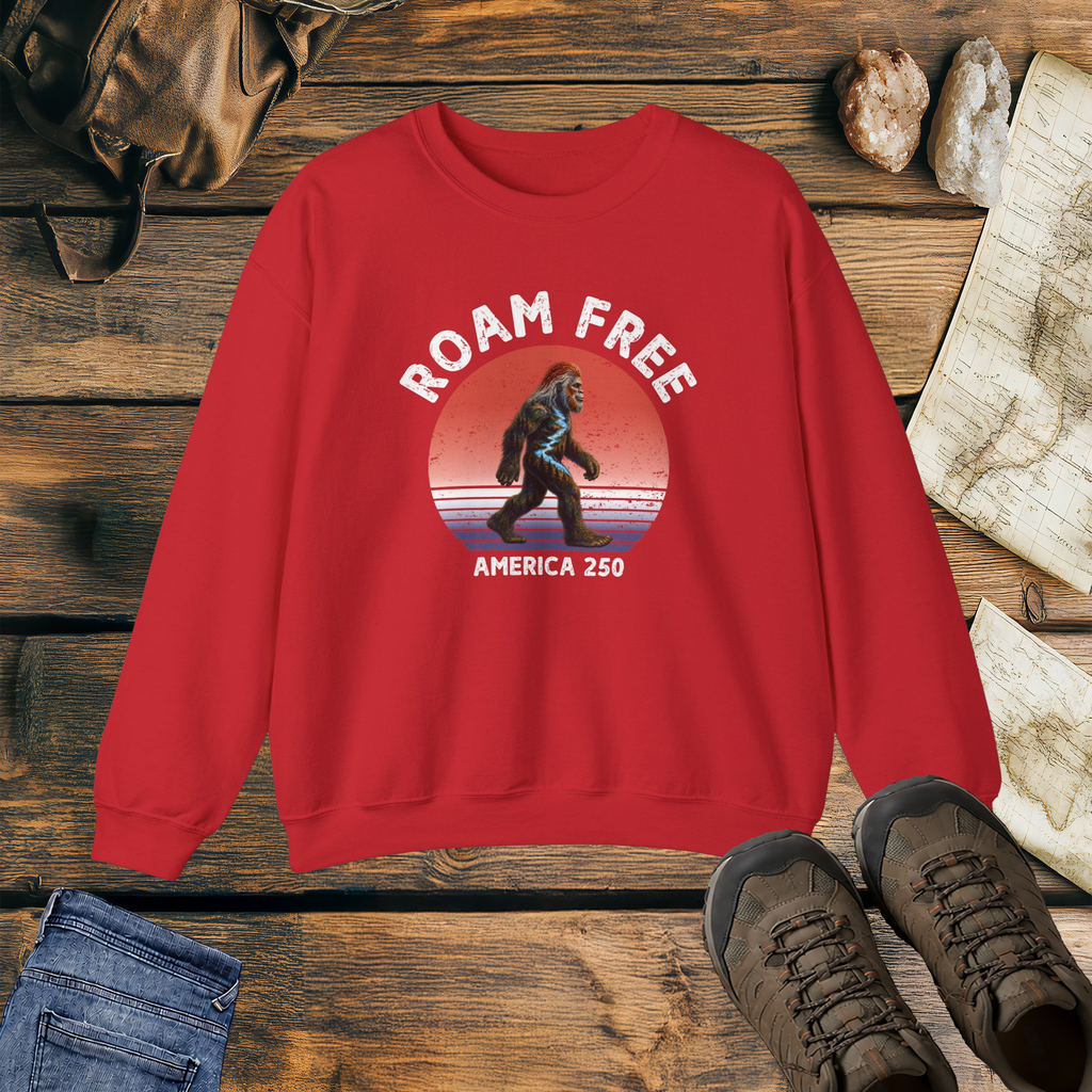 Bigfoot Roam Free America 250 Red Heavy Blend™ Crewneck Sweatshirt  – Patriotic Bigfoot Hiking Shirt, Outdoor Adventure Sweatshirt, USA 250th Anniversary Gift