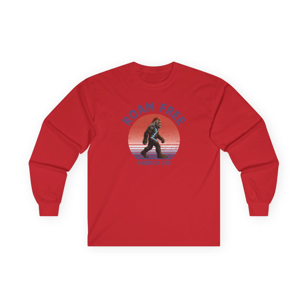 Bigfoot Roam Free America 250 Red Long Sleeve T-Shirt – Patriotic Bigfoot Hiking Shirt, Outdoor Adventure Tee, USA 250th Anniversary Gift