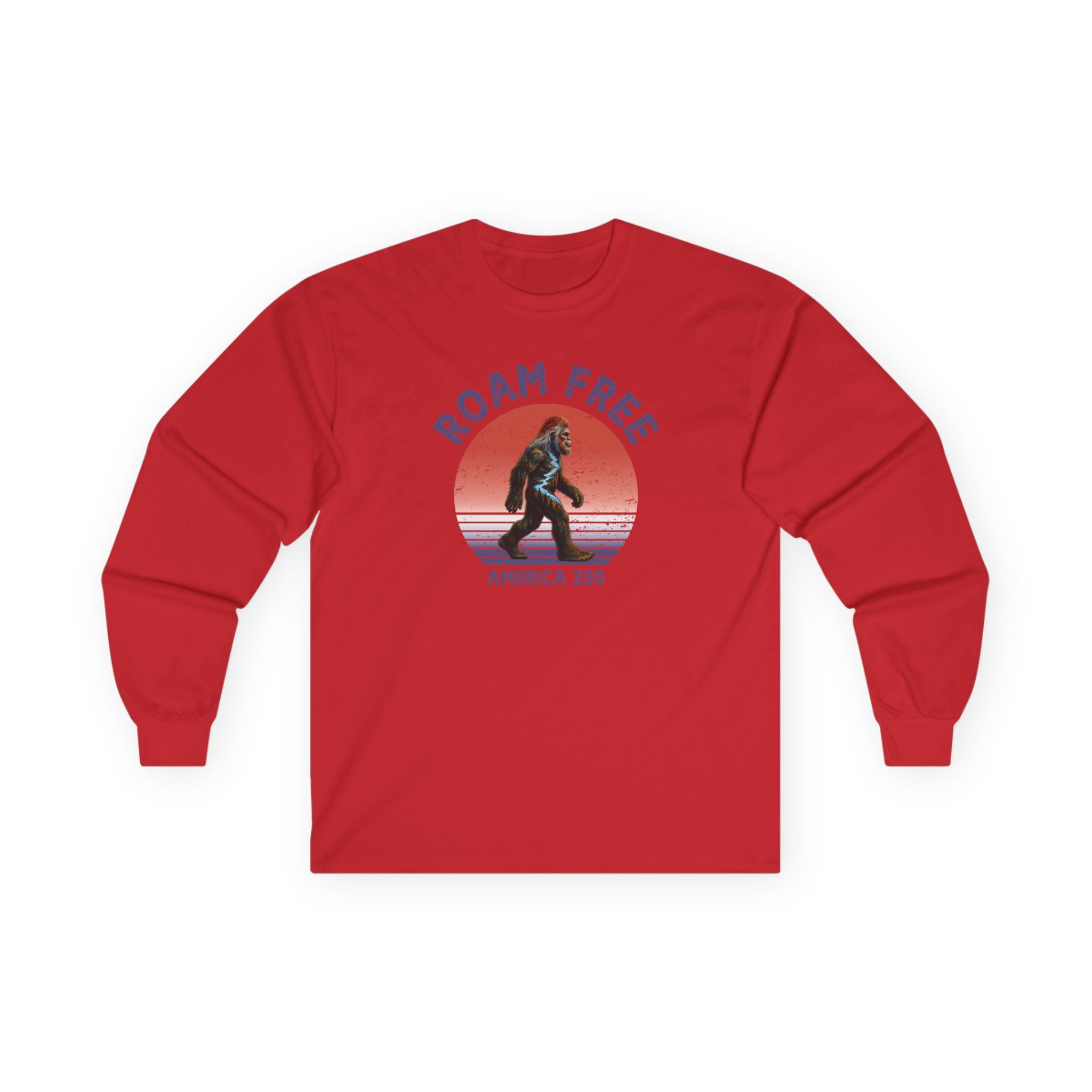 Bigfoot Roam Free America 250 Red Long Sleeve T-Shirt – Patriotic Bigfoot Hiking Shirt, Outdoor Adventure Tee, USA 250th Anniversary Gift