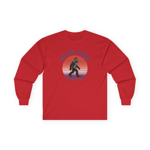 Bigfoot Roam Free America 250 Red Long Sleeve T-Shirt – Patriotic Bigfoot Hiking Shirt, Outdoor Adventure Tee, USA 250th Anniversary Gift