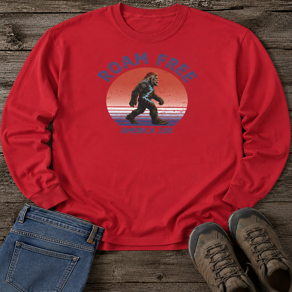 Bigfoot Roam Free America 250 Red Long Sleeve T-Shirt – Patriotic Bigfoot Hiking Shirt, Outdoor Adventure Tee, USA 250th Anniversary Gift