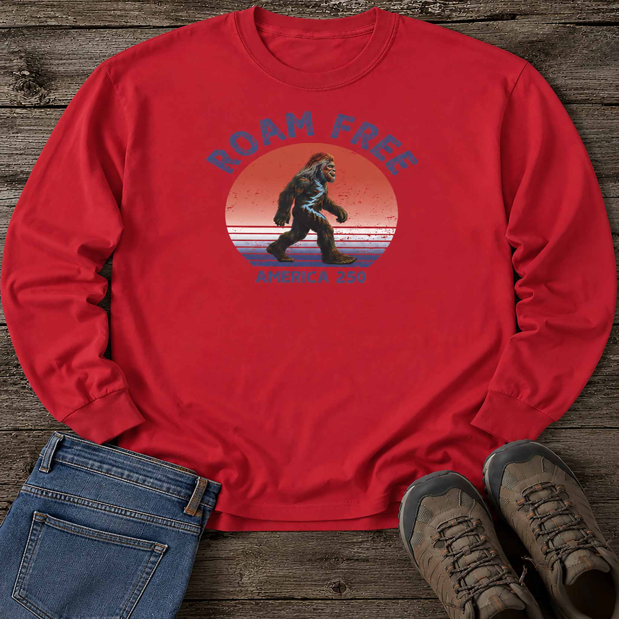Bigfoot Roam Free America 250 Red Long Sleeve T-Shirt – Patriotic Bigfoot Hiking Shirt, Outdoor Adventure Tee, USA 250th Anniversary Gift