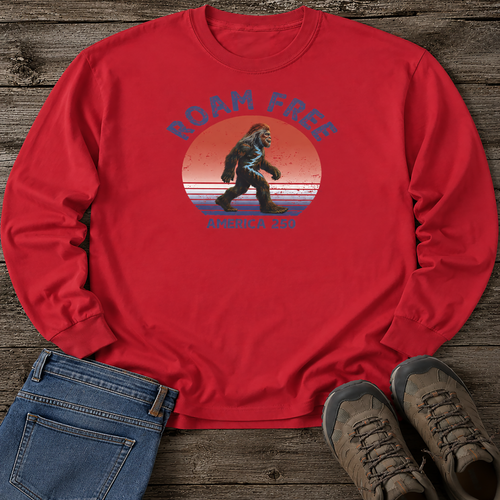 Bigfoot Roam Free America 250 Red Long Sleeve T-Shirt – Patriotic Bigfoot Hiking Shirt, Outdoor Adventure Tee, USA 250th Anniversary Gift