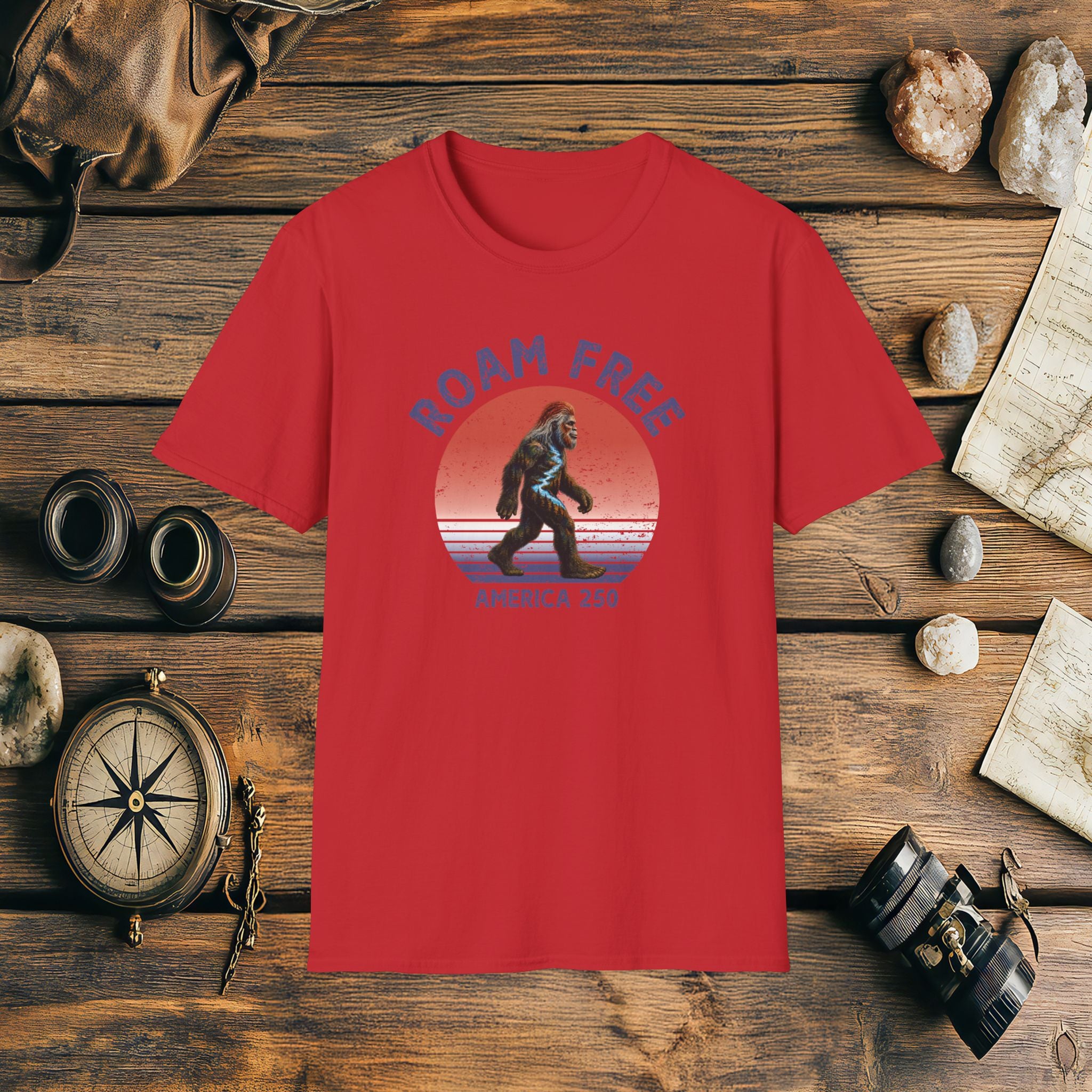 Bigfoot Roam Free America 250 Red T-Shirt – Patriotic Bigfoot Hiking Shirt, Outdoor Adventure Tee, USA 250th Anniversary Gift