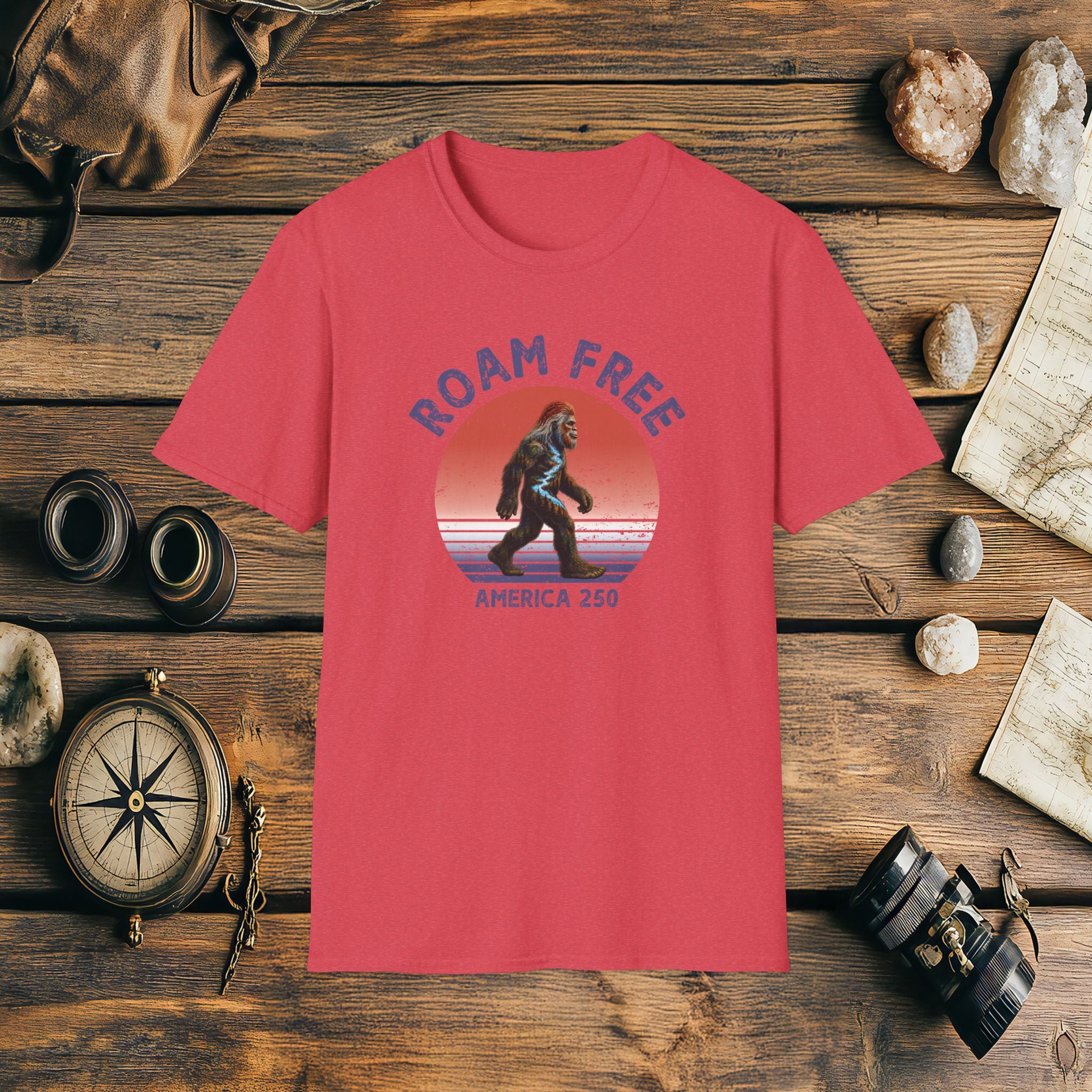 Bigfoot Roam Free America 250 Red T-Shirt – Patriotic Bigfoot Hiking Shirt, Outdoor Adventure Tee, USA 250th Anniversary Gift