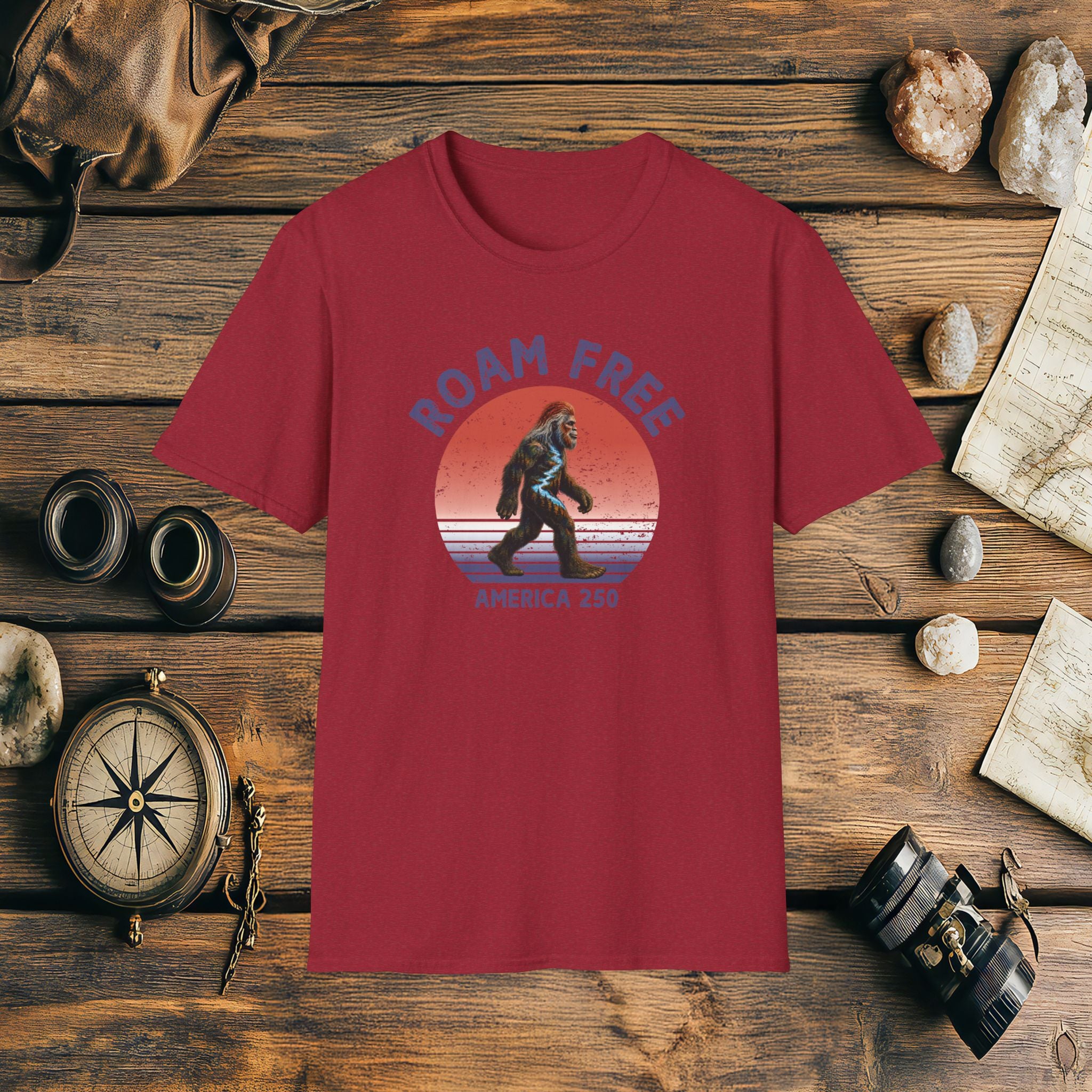 Bigfoot Roam Free America 250 Red T-Shirt – Patriotic Bigfoot Hiking Shirt, Outdoor Adventure Tee, USA 250th Anniversary Gift