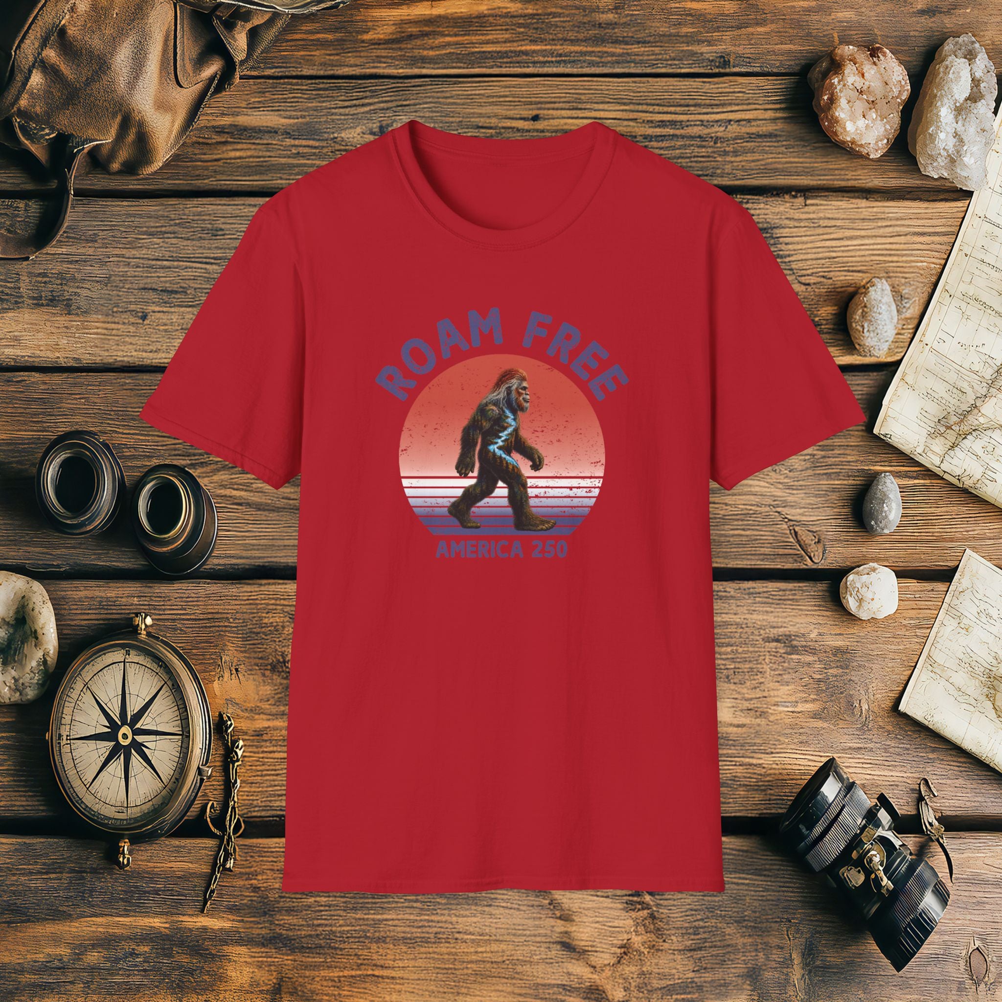 Bigfoot Roam Free America 250 Red T-Shirt – Patriotic Bigfoot Hiking Shirt, Outdoor Adventure Tee, USA 250th Anniversary Gift