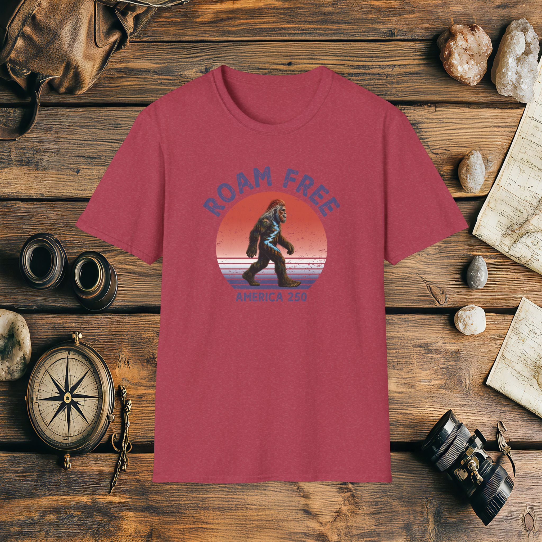 Bigfoot Roam Free America 250 Red T-Shirt – Patriotic Bigfoot Hiking Shirt, Outdoor Adventure Tee, USA 250th Anniversary Gift