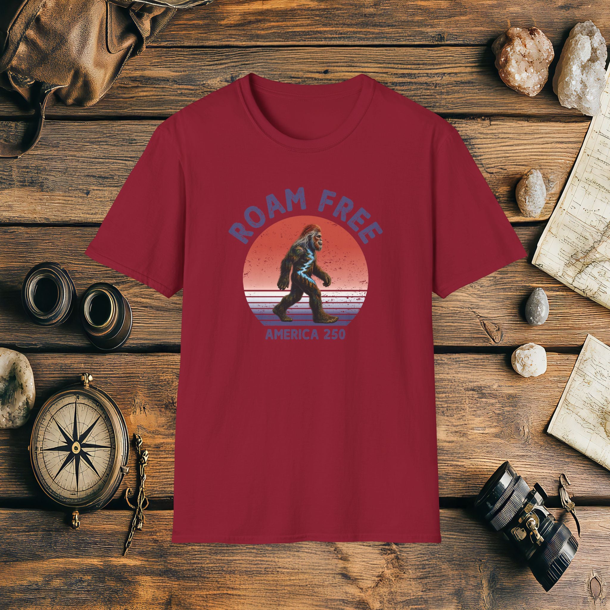 Bigfoot Roam Free America 250 Red T-Shirt – Patriotic Bigfoot Hiking Shirt, Outdoor Adventure Tee, USA 250th Anniversary Gift