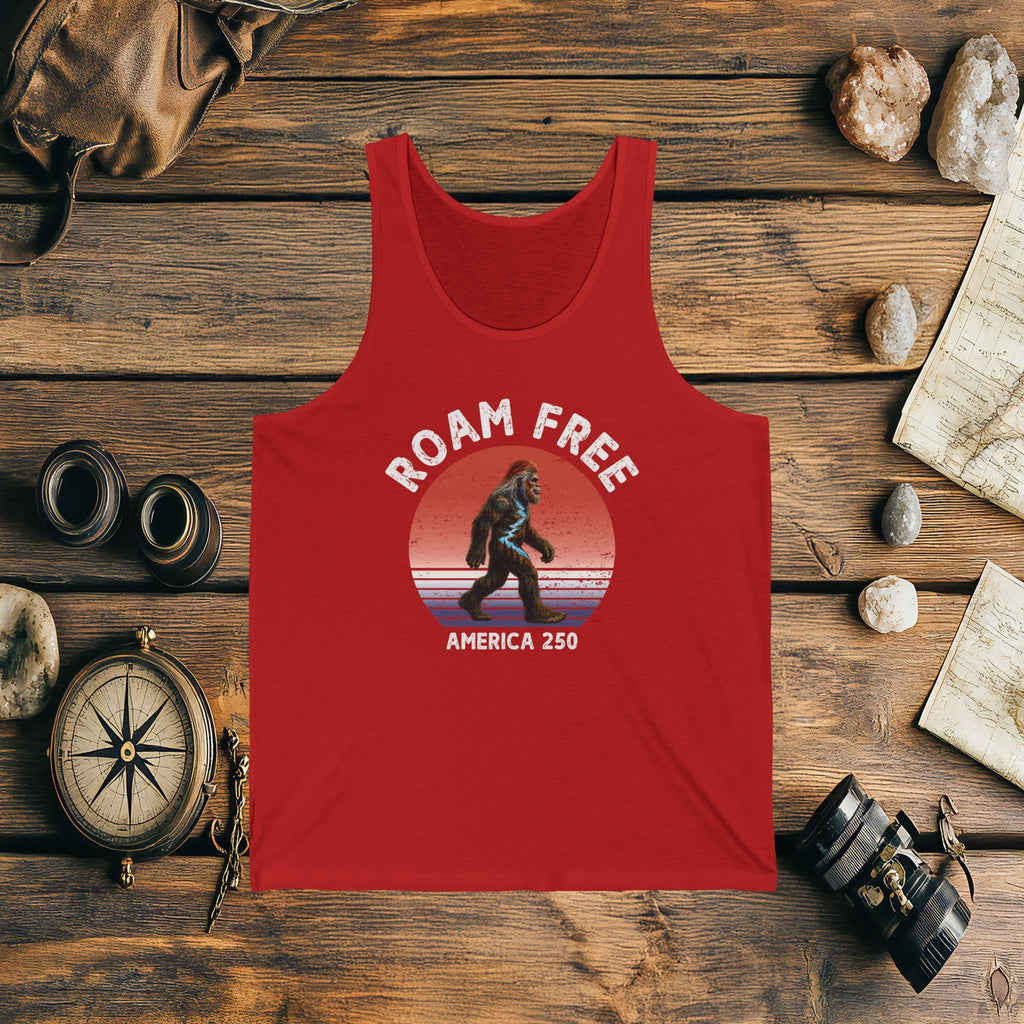 Bigfoot Roam Free America 250 Red Unisex Jersey Tank – Patriotic Bigfoot Hiking Shirt, Outdoor Adventure Tank, USA 250th Anniversary Gift