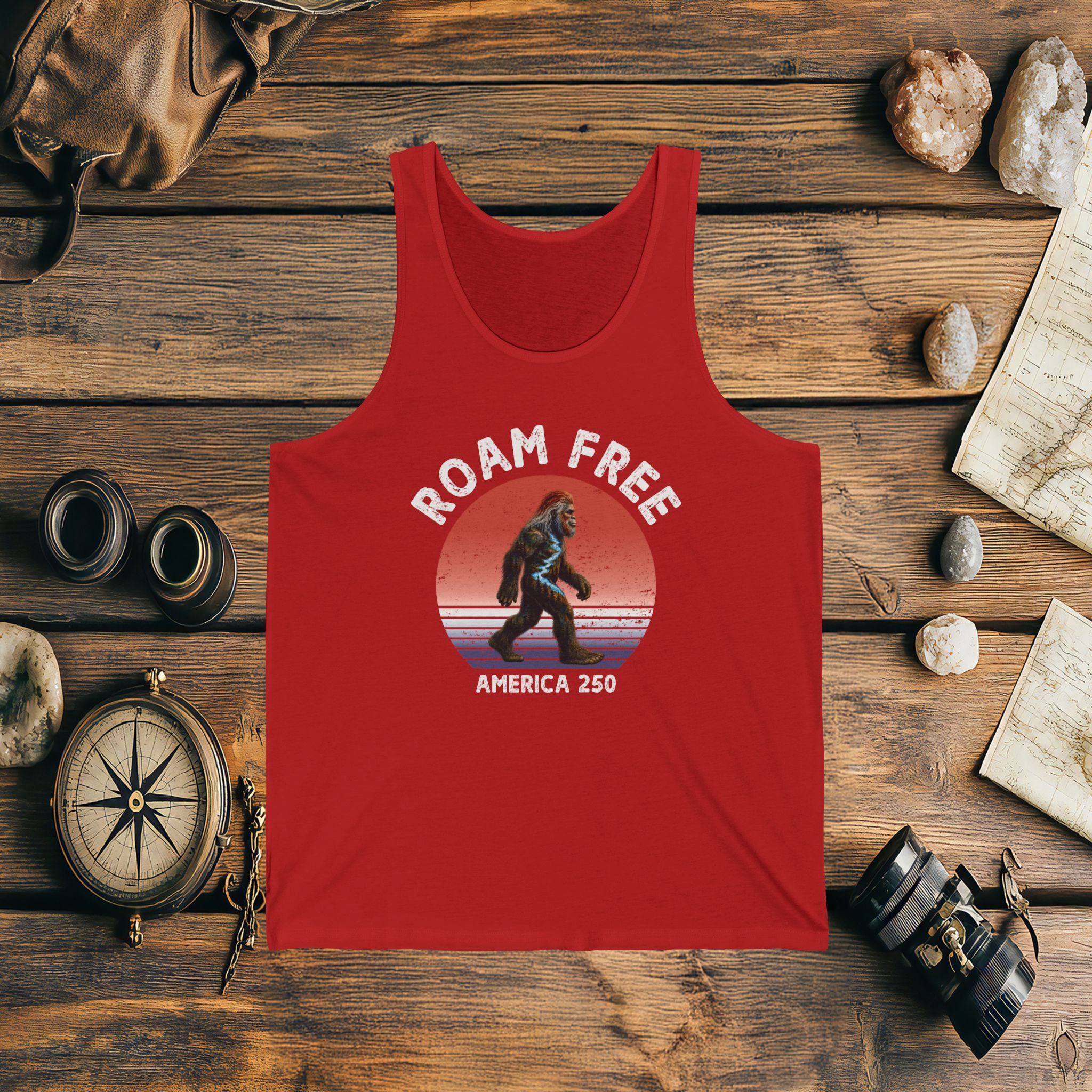 Bigfoot Roam Free America 250 Red Unisex Jersey Tank – Patriotic Bigfoot Hiking Shirt, Outdoor Adventure Tank, USA 250th Anniversary Gift