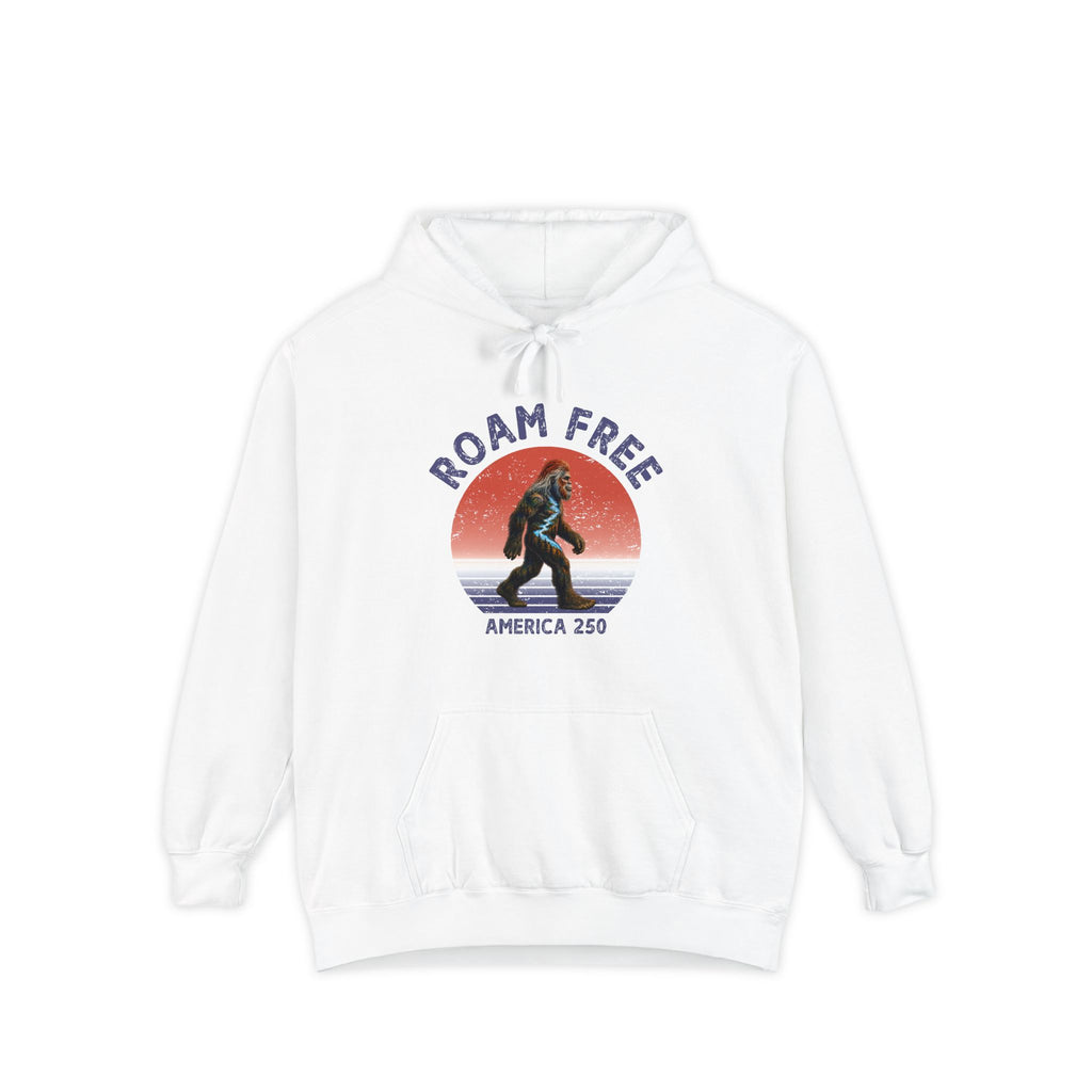 Bigfoot Roam Free America 250 White Comfort Colors® Hoodie  – Patriotic Bigfoot Hiking Shirt, Outdoor Adventure Hoodie, USA 250th Anniversary Gift