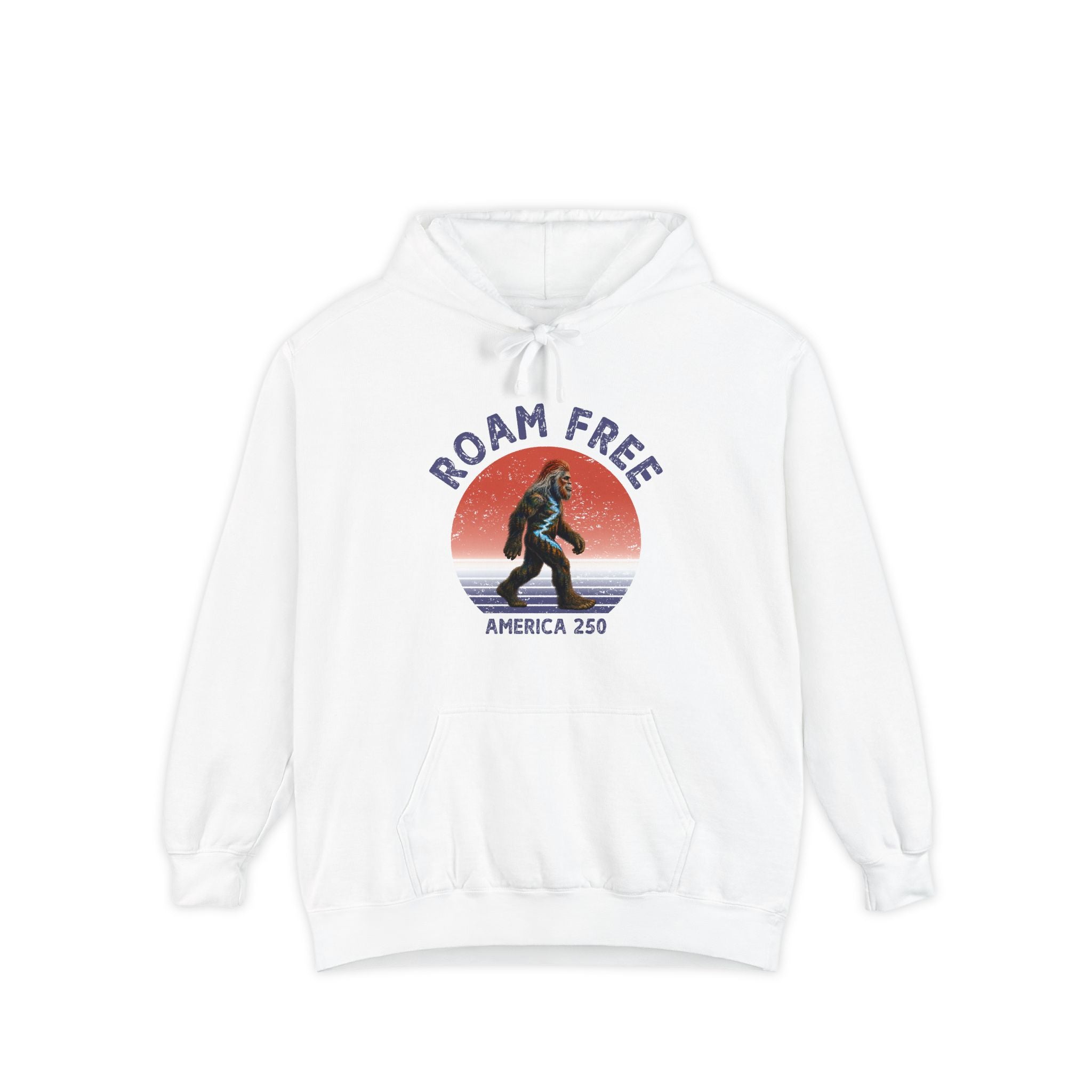 Bigfoot Roam Free America 250 White Comfort Colors® Hoodie  – Patriotic Bigfoot Hiking Shirt, Outdoor Adventure Hoodie, USA 250th Anniversary Gift