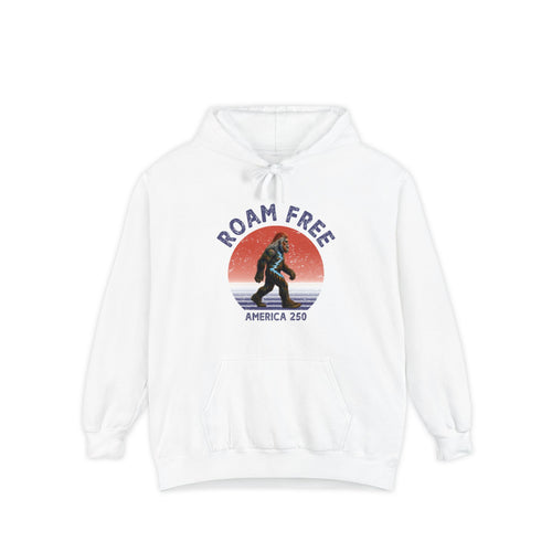 Bigfoot Roam Free America 250 White Comfort Colors® Hoodie  – Patriotic Bigfoot Hiking Shirt, Outdoor Adventure Hoodie, USA 250th Anniversary Gift