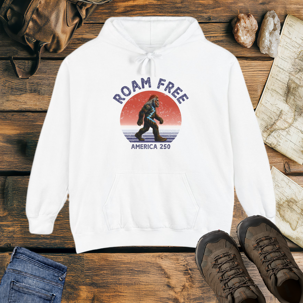 Bigfoot Roam Free America 250 White Comfort Colors® Hoodie  – Patriotic Bigfoot Hiking Shirt, Outdoor Adventure Hoodie, USA 250th Anniversary Gift