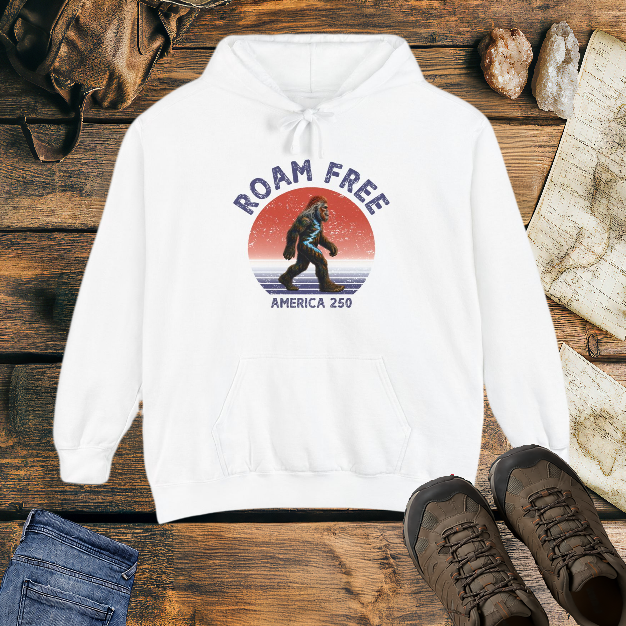 Bigfoot Roam Free America 250 White Comfort Colors® Hoodie  – Patriotic Bigfoot Hiking Shirt, Outdoor Adventure Hoodie, USA 250th Anniversary Gift