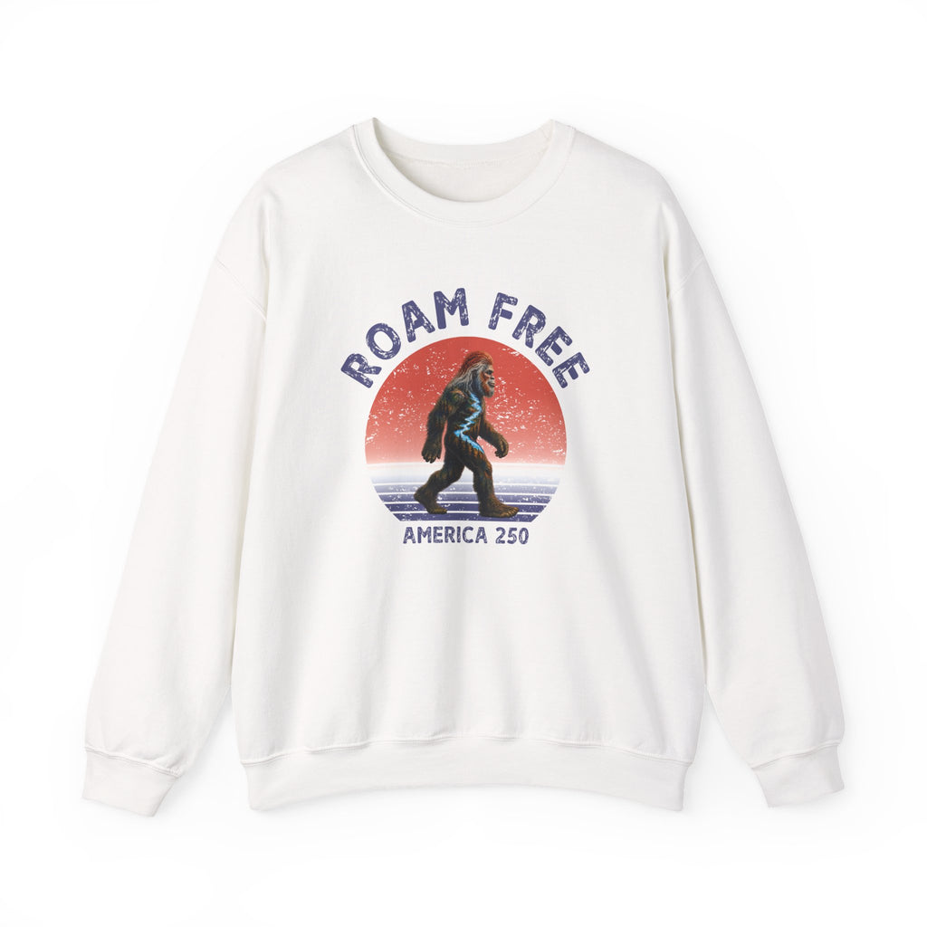 Bigfoot Roam Free America 250 White Heavy Blend™ Crewneck Sweatshirt  – Patriotic Bigfoot Hiking Shirt, Outdoor Adventure Sweatshirt, USA 250th Anniversary Gift