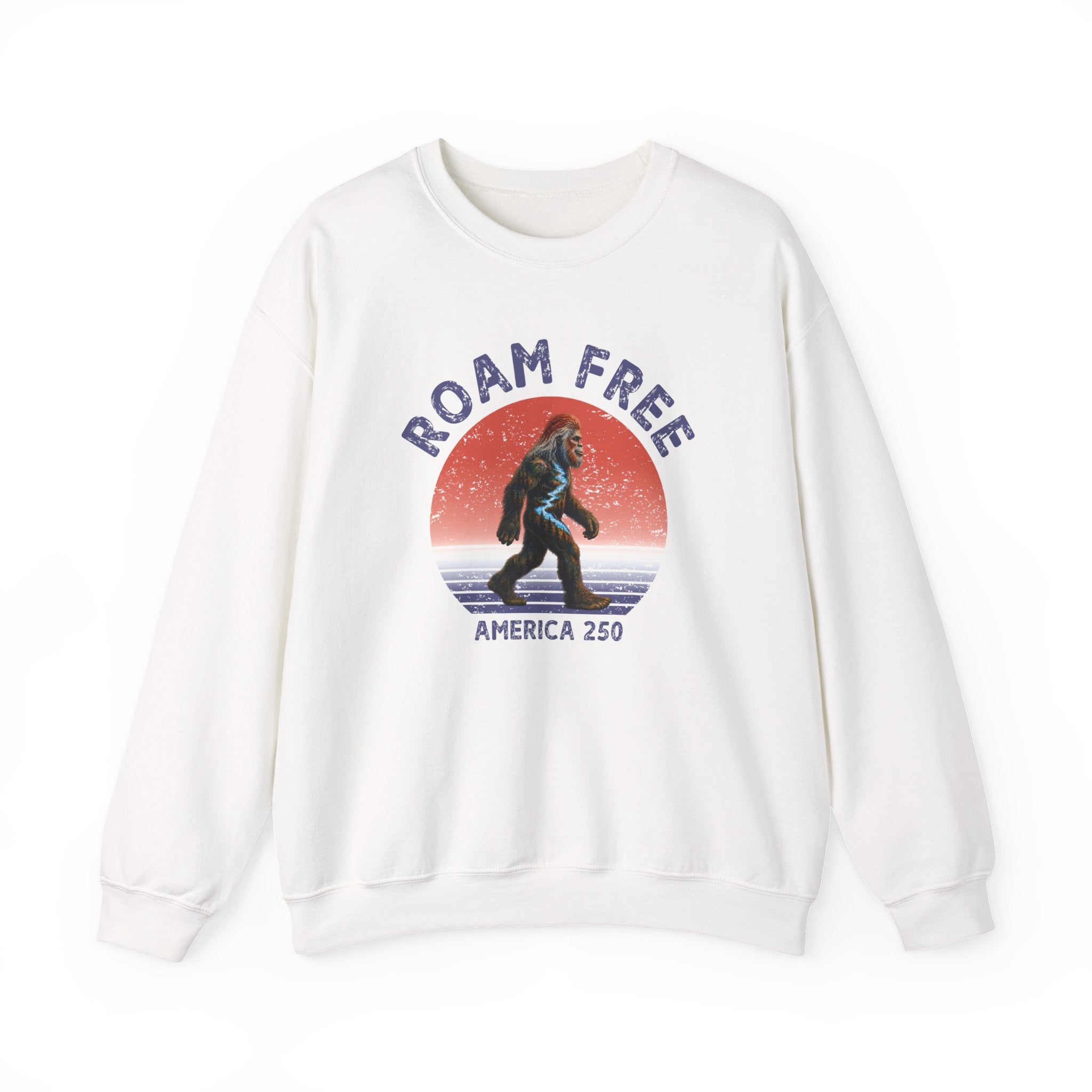 Bigfoot Roam Free America 250 White Heavy Blend™ Crewneck Sweatshirt  – Patriotic Bigfoot Hiking Shirt, Outdoor Adventure Sweatshirt, USA 250th Anniversary Gift