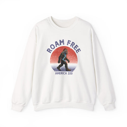 Bigfoot Roam Free America 250 White Heavy Blend™ Crewneck Sweatshirt  – Patriotic Bigfoot Hiking Shirt, Outdoor Adventure Sweatshirt, USA 250th Anniversary Gift