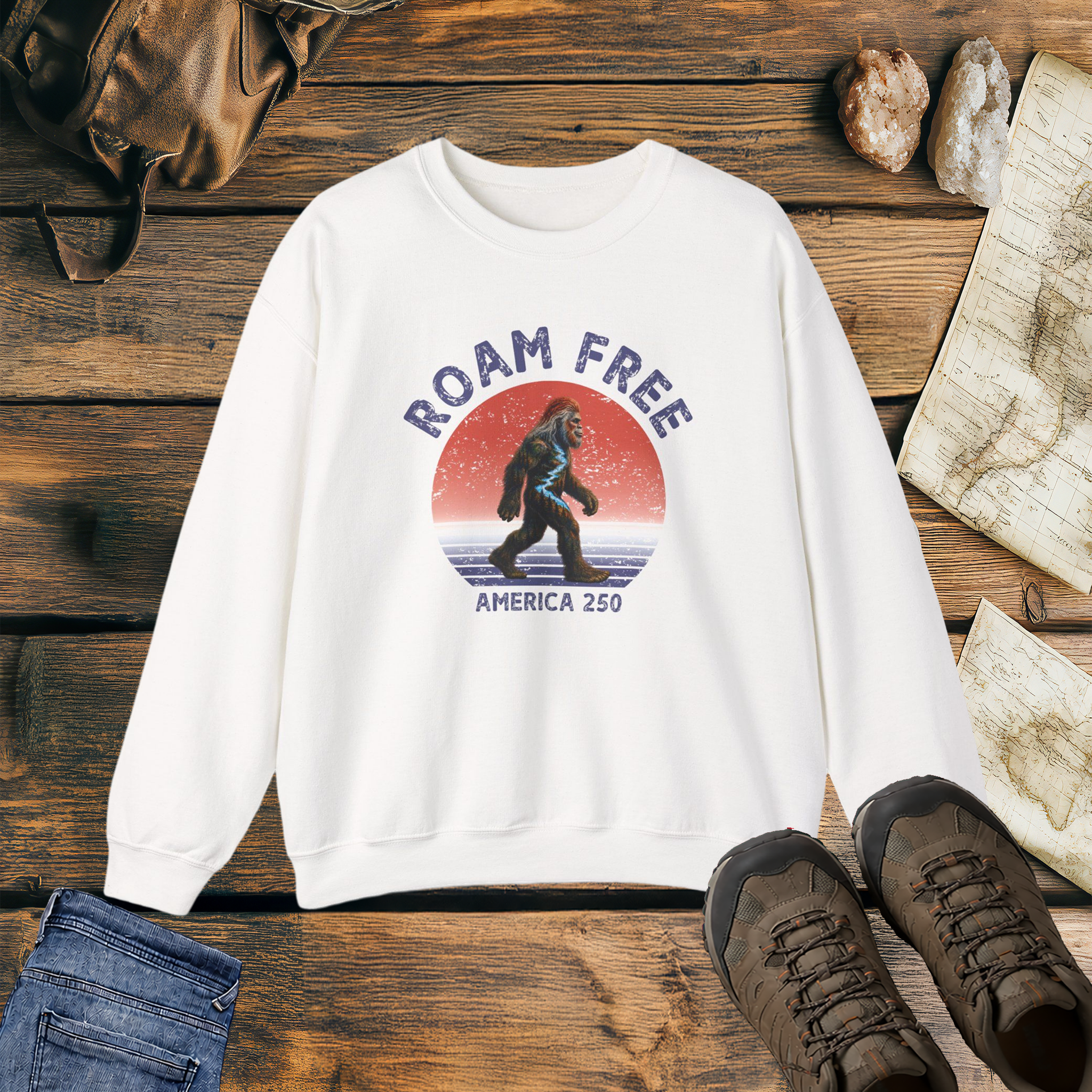 Bigfoot Roam Free America 250 White Heavy Blend™ Crewneck Sweatshirt  – Patriotic Bigfoot Hiking Shirt, Outdoor Adventure Sweatshirt, USA 250th Anniversary Gift