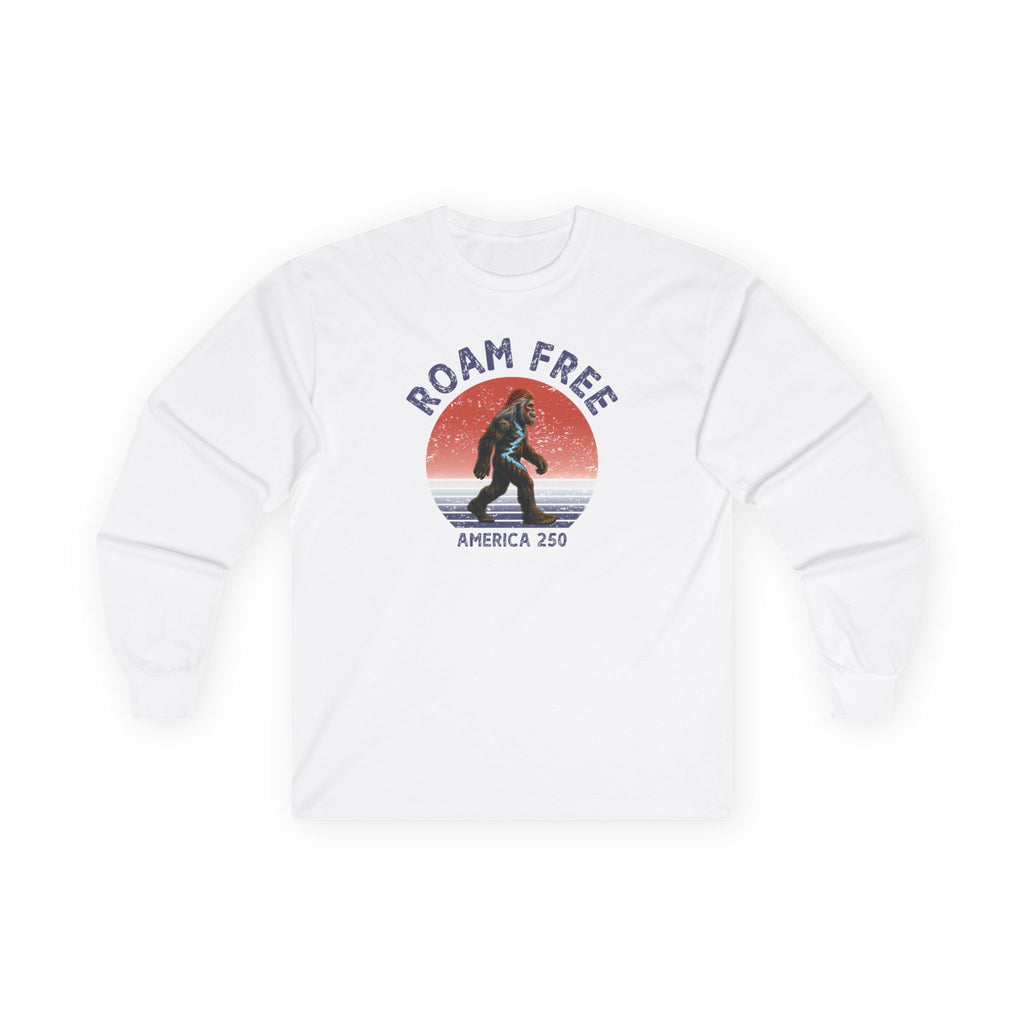 Bigfoot Roam Free America 250 White Long Sleeve T-Shirt – Patriotic Bigfoot Hiking Shirt, Outdoor Adventure Tee, USA 250th Anniversary Gift