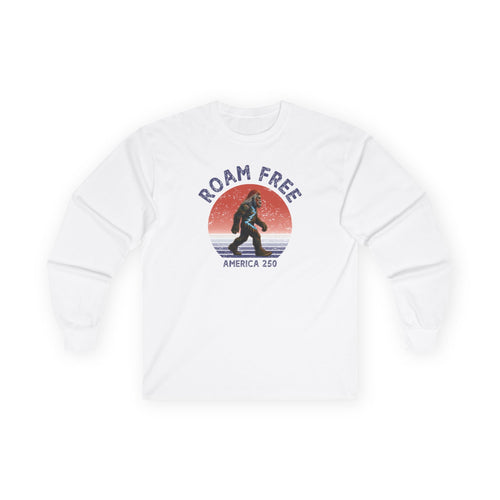Bigfoot Roam Free America 250 White Long Sleeve T-Shirt – Patriotic Bigfoot Hiking Shirt, Outdoor Adventure Tee, USA 250th Anniversary Gift