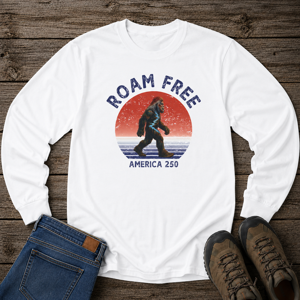 Bigfoot Roam Free America 250 White Long Sleeve T-Shirt – Patriotic Bigfoot Hiking Shirt, Outdoor Adventure Tee, USA 250th Anniversary Gift