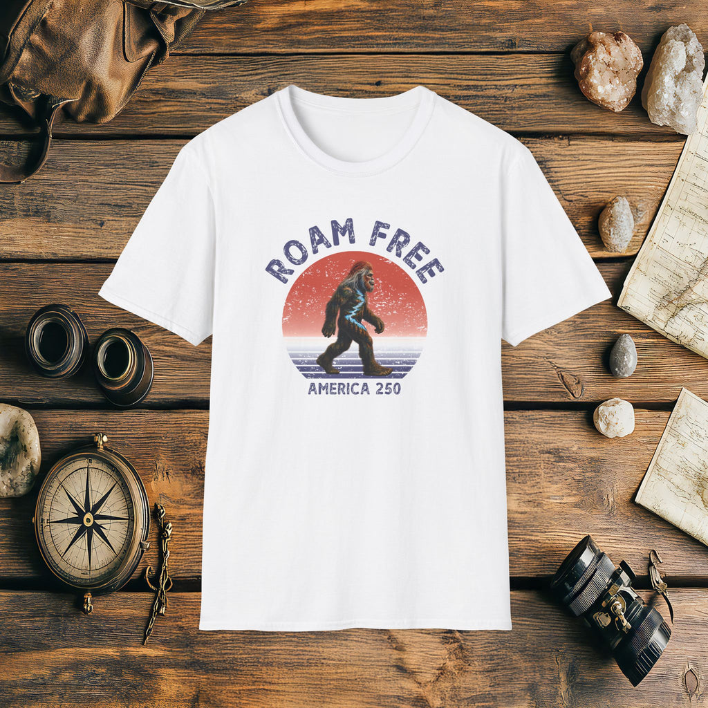 Bigfoot Roam Free America 250 White T-Shirt – Patriotic Bigfoot Hiking Shirt, Outdoor Adventure Tee, USA 250th Anniversary Gift