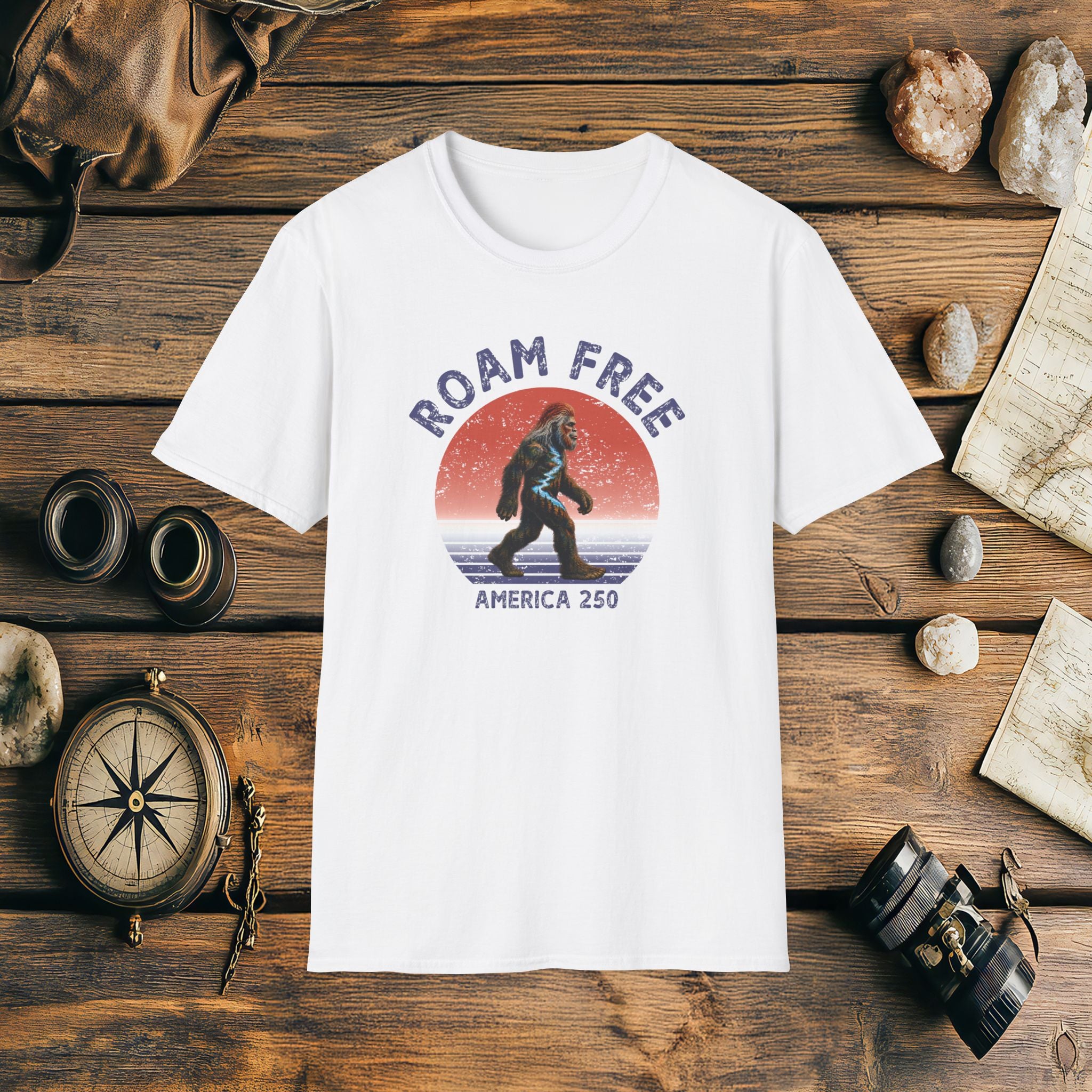 Bigfoot Roam Free America 250 White T-Shirt – Patriotic Bigfoot Hiking Shirt, Outdoor Adventure Tee, USA 250th Anniversary Gift