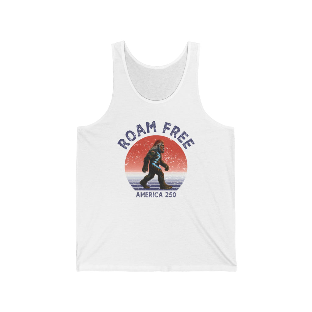 Bigfoot Roam Free America 250 White Unisex Jersey Tank – Patriotic Bigfoot Hiking Shirt, Outdoor Adventure Tank, USA 250th Anniversary Gift