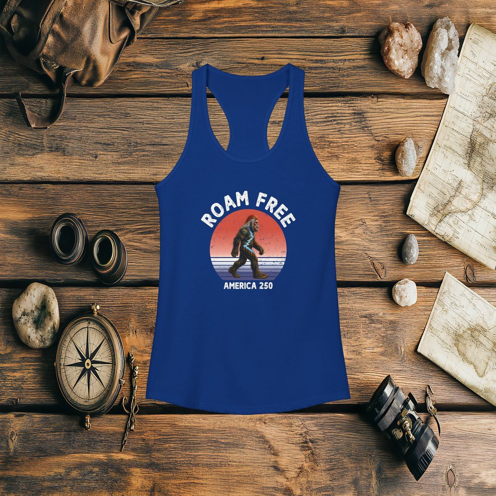 Bigfoot Roam Free America 250 Women's Blue Ideal Racerback Tank – Patriotic Bigfoot Hiking Shirt, Outdoor Adventure Tank, USA 250th Anniversary Gift