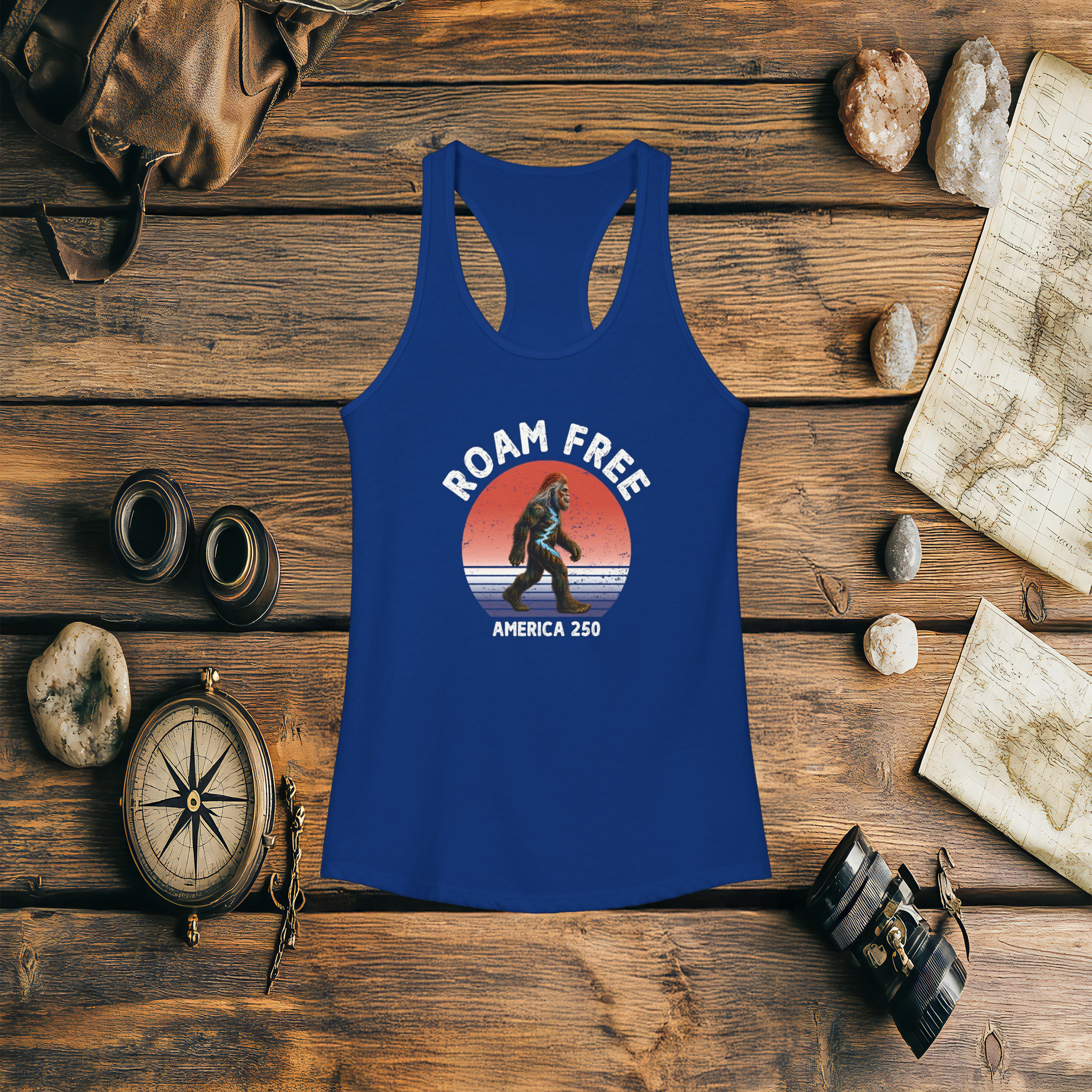 Bigfoot Roam Free America 250 Women's Blue Ideal Racerback Tank – Patriotic Bigfoot Hiking Shirt, Outdoor Adventure Tank, USA 250th Anniversary Gift