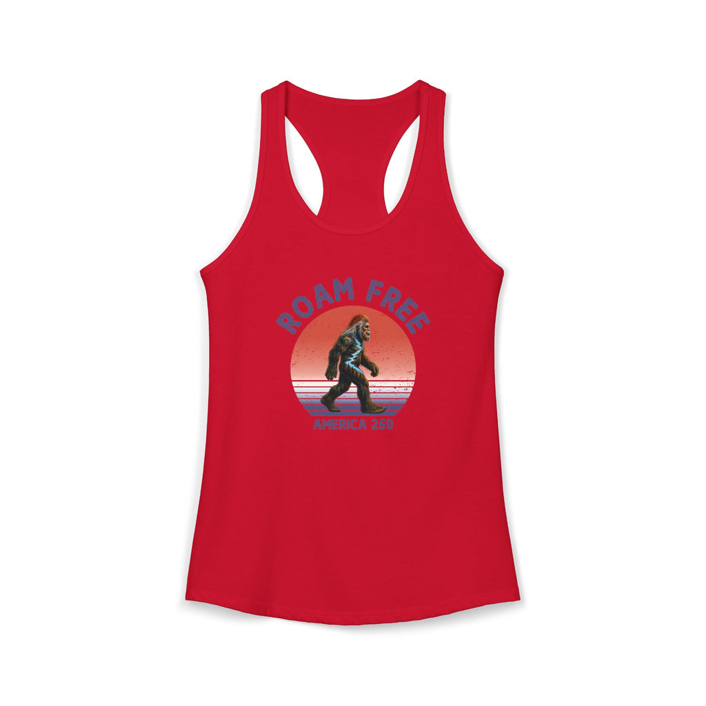 Bigfoot Roam Free America 250 Women's Red Ideal Racerback Tank – Patriotic Bigfoot Hiking Shirt, Outdoor Adventure Tank, USA 250th Anniversary Gift