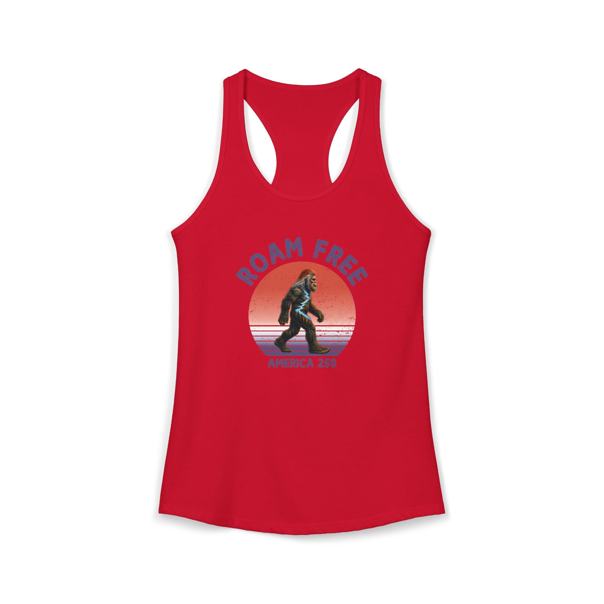 Bigfoot Roam Free America 250 Women's Red Ideal Racerback Tank – Patriotic Bigfoot Hiking Shirt, Outdoor Adventure Tank, USA 250th Anniversary Gift
