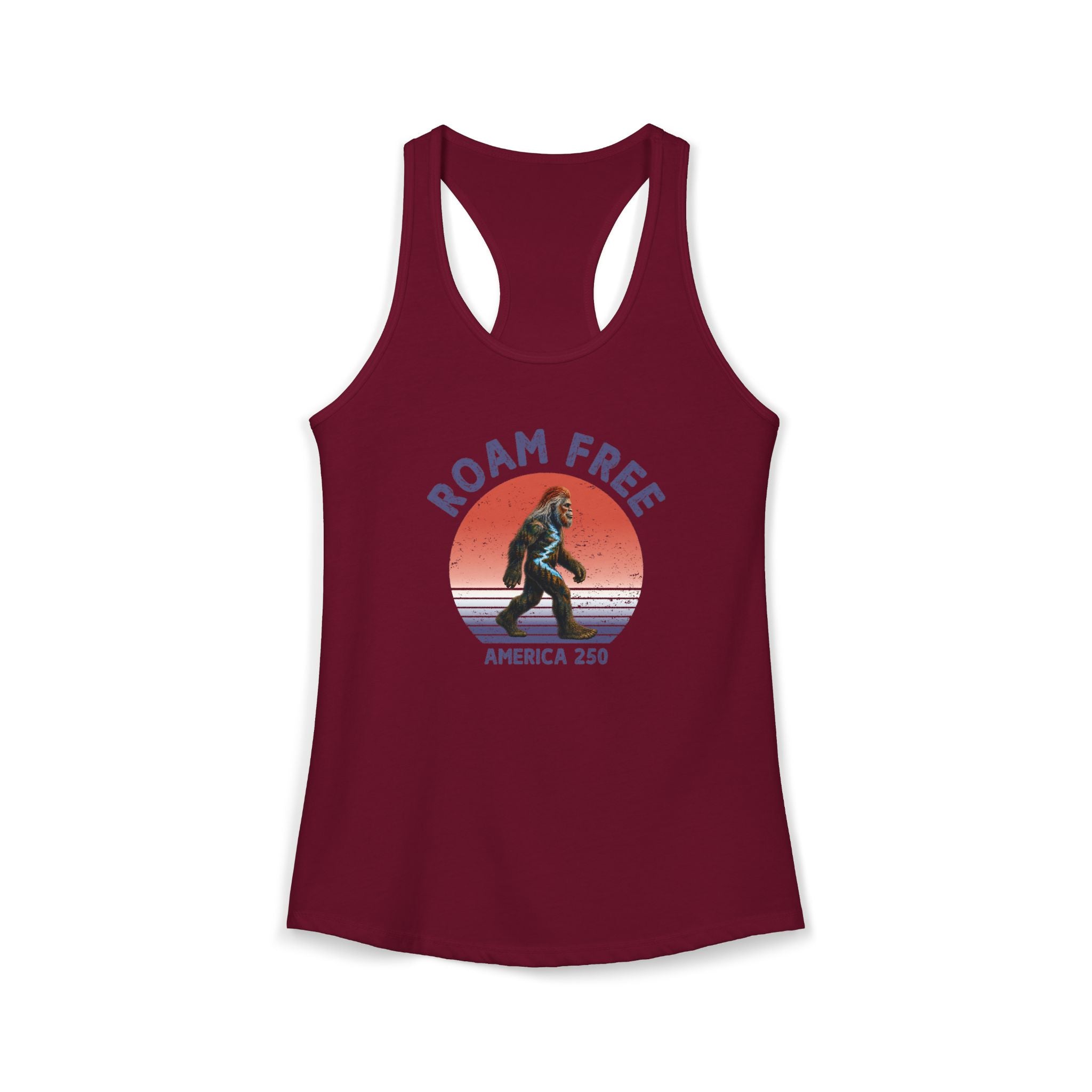 Bigfoot Roam Free America 250 Women's Red Ideal Racerback Tank – Patriotic Bigfoot Hiking Shirt, Outdoor Adventure Tank, USA 250th Anniversary Gift