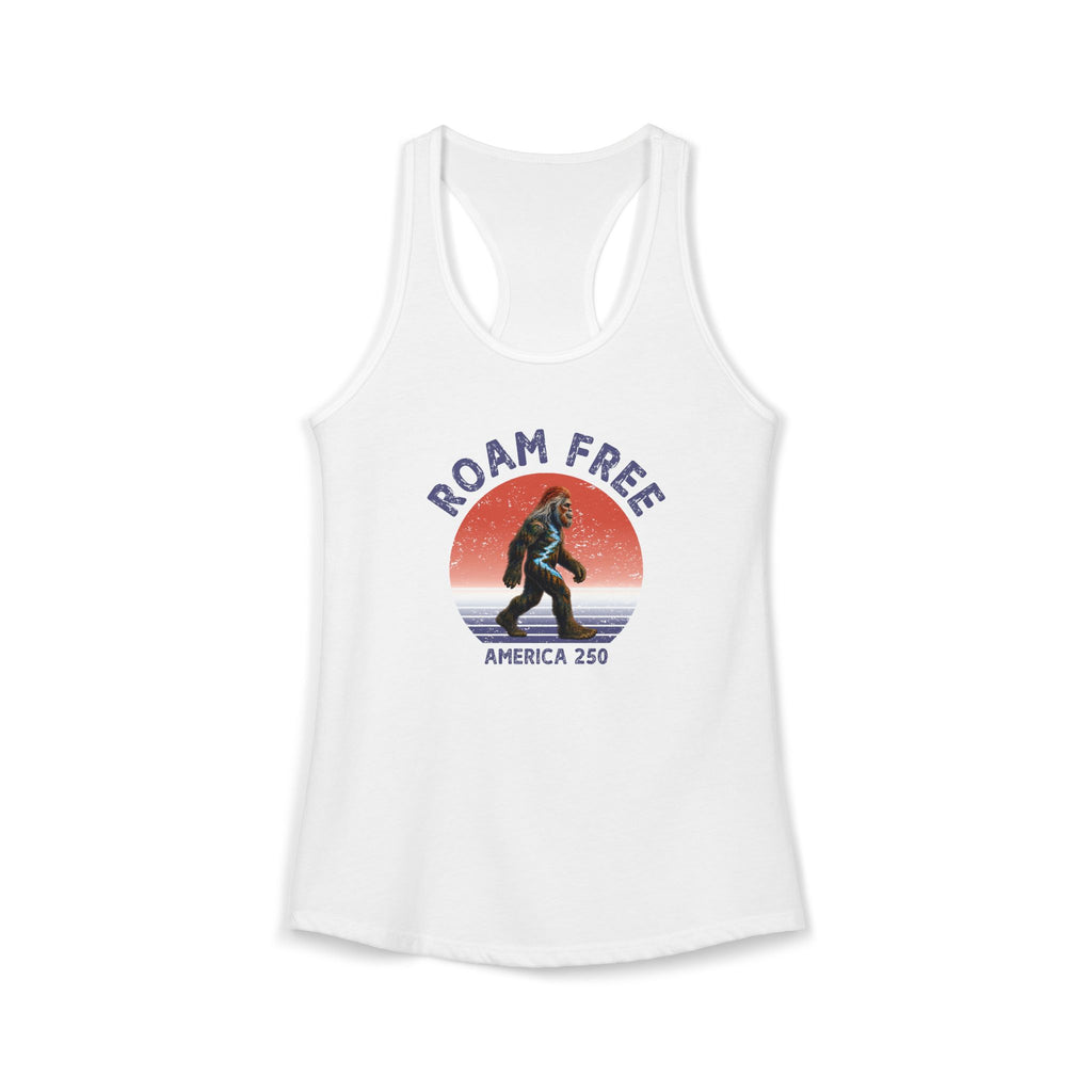Bigfoot Roam Free America 250 Women's White Ideal Racerback Tank – Patriotic Bigfoot Hiking Shirt, Outdoor Adventure Tank, USA 250th Anniversary Gift