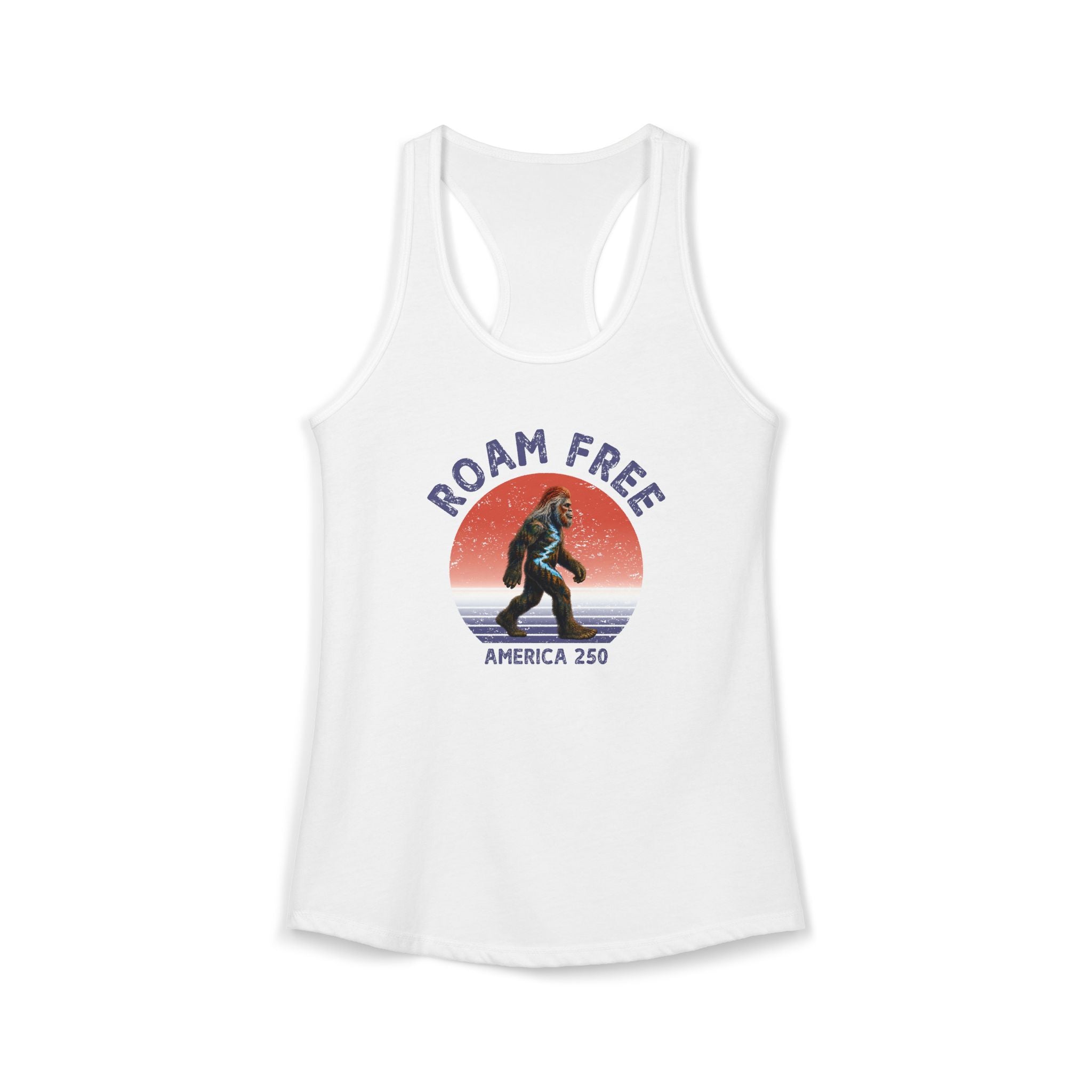Bigfoot Roam Free America 250 Women's White Ideal Racerback Tank – Patriotic Bigfoot Hiking Shirt, Outdoor Adventure Tank, USA 250th Anniversary Gift
