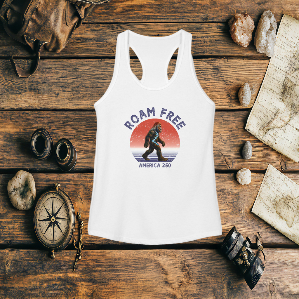Bigfoot Roam Free America 250 Women's White Ideal Racerback Tank – Patriotic Bigfoot Hiking Shirt, Outdoor Adventure Tank, USA 250th Anniversary Gift