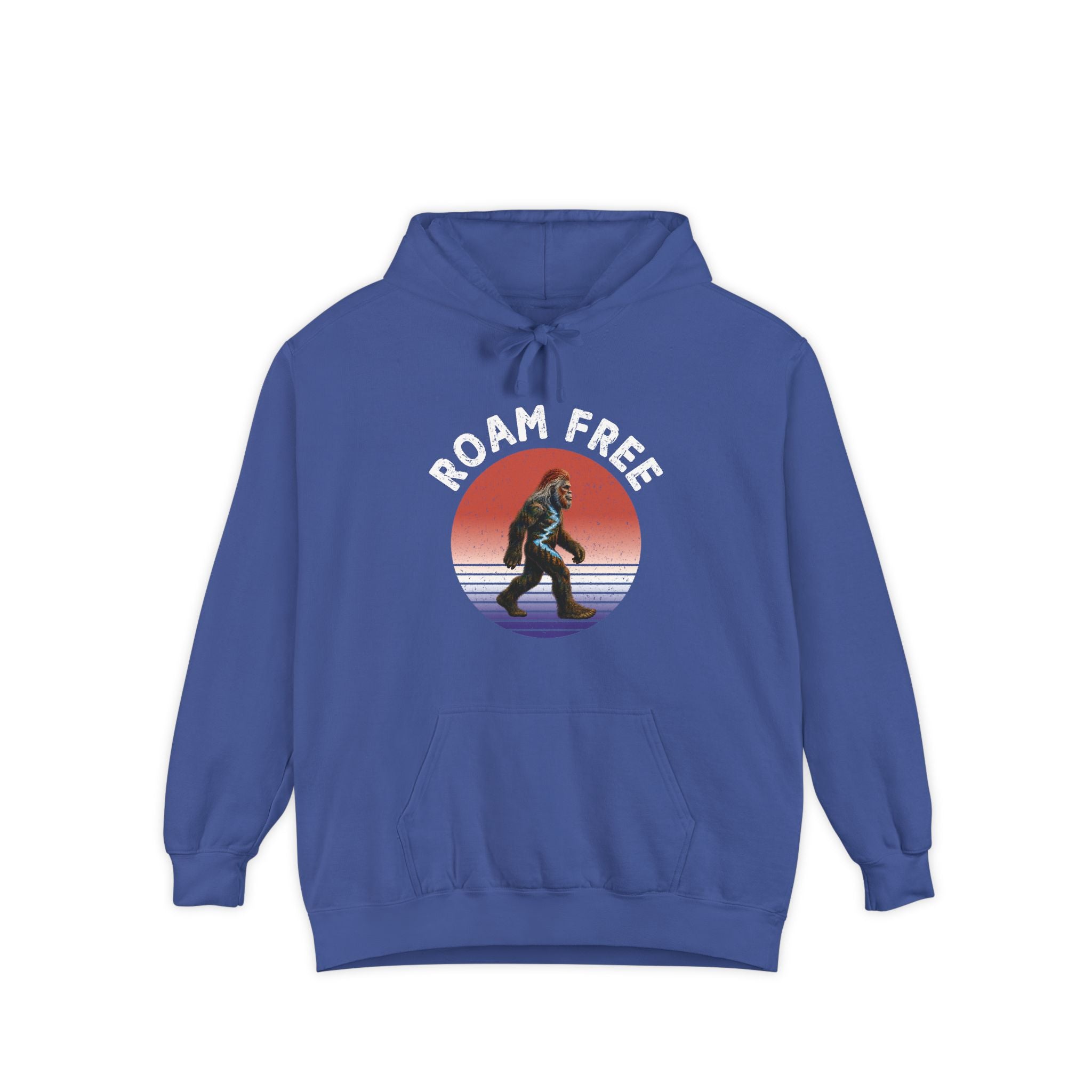 Bigfoot Roam Free Blue Comfort Colors® Hoodie  – Patriotic Bigfoot Hiking Shirt, Outdoor Adventure Hoodie, USA Sasquatch Gift