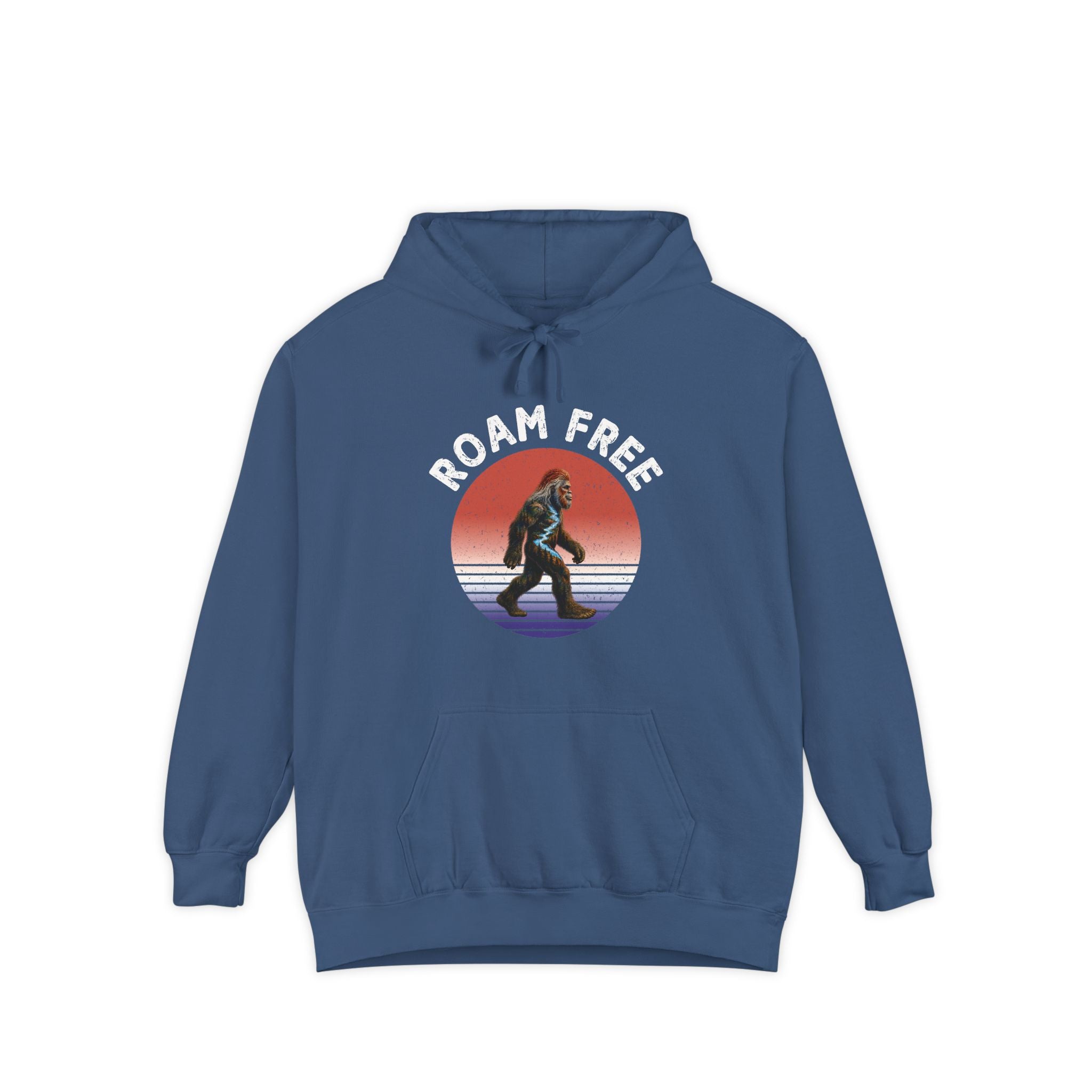 Bigfoot Roam Free Blue Comfort Colors® Hoodie  – Patriotic Bigfoot Hiking Shirt, Outdoor Adventure Hoodie, USA Sasquatch Gift