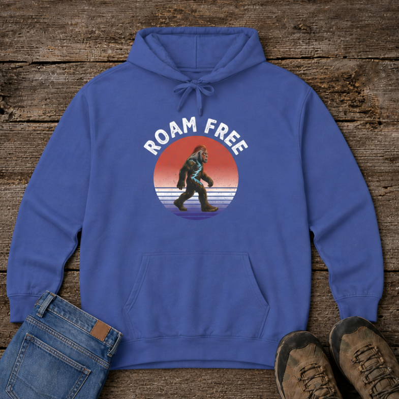 Bigfoot Roam Free Blue Comfort Colors® Hoodie  – Patriotic Bigfoot Hiking Shirt, Outdoor Adventure Hoodie, USA Sasquatch Gift